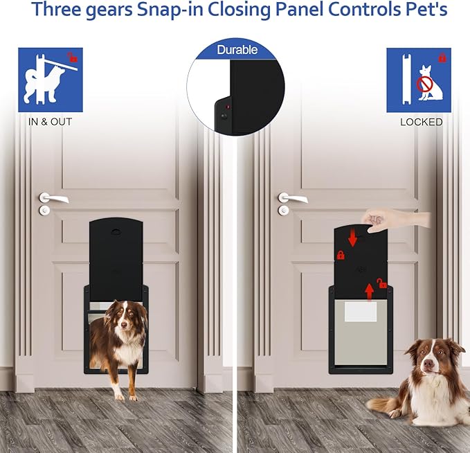 [Classicmacher] Dog Door for Large Dogs, Black Frame Door for L arge Dogs, Strong Plastic Doggy Door and L arge Pets with Sliding Lock Panel and Magnetic Soft Flap (Large, Mattle Black)