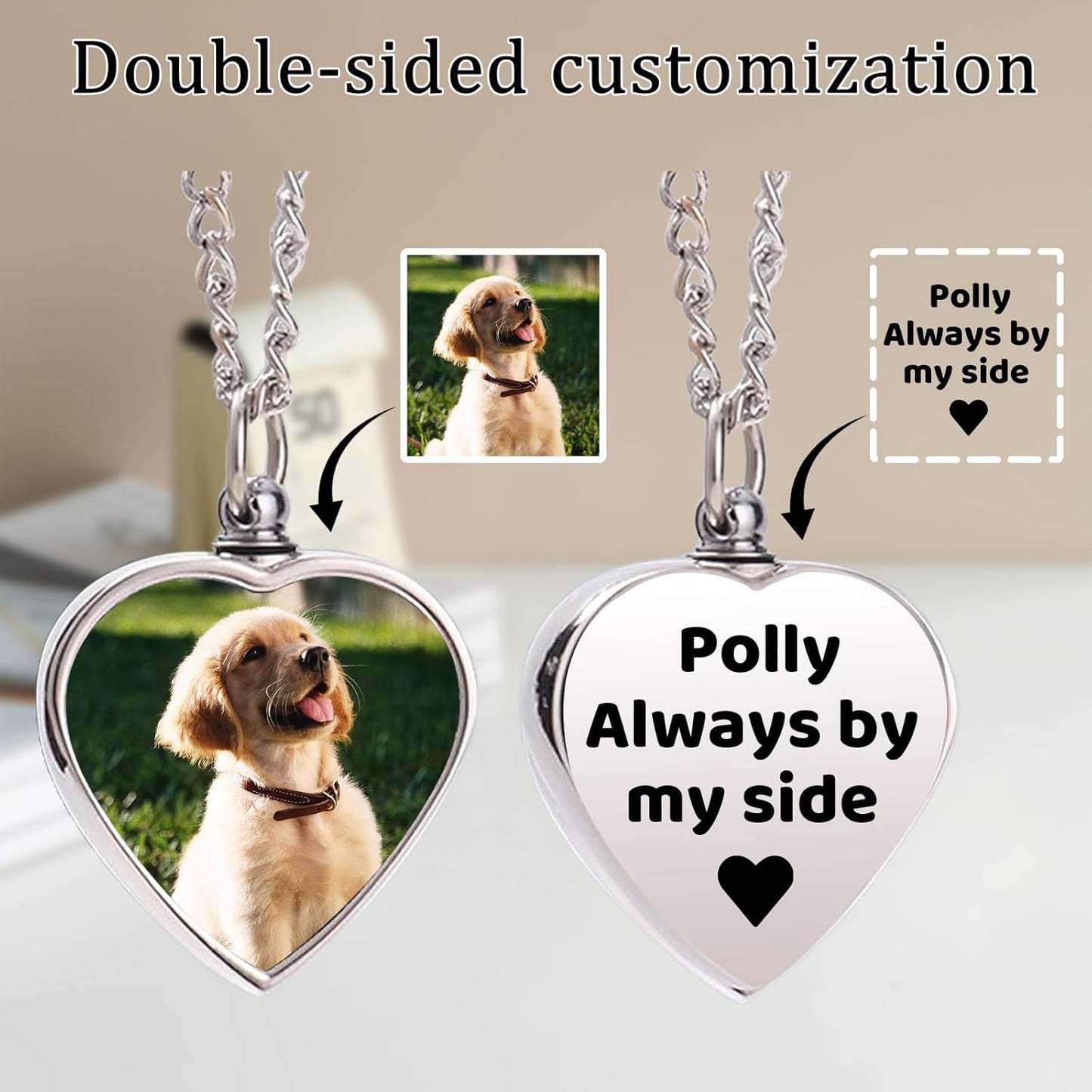 Personalized Pet Urn Necklace for Dog Ashes Custom Engraving Photo Text Pet Cremation Jewelry Customize Memorial Gift for Pet Dog Cat Ashes Necklace (01-Heart)