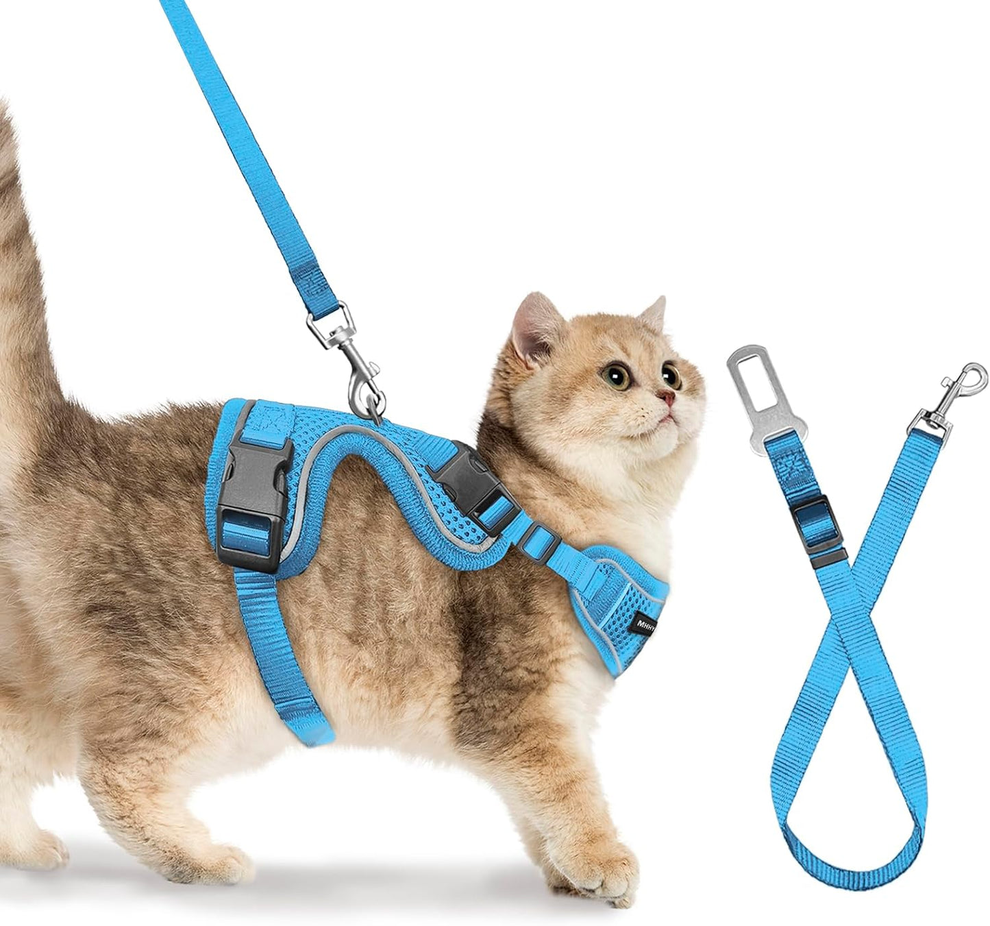 Cat Harness, Cat Car Harness and Leash for Walking, Escape Proof Soft Adjustable Vest Harnesses for Cats, Easy Control Breathable Reflective Strips Harness, Kitten Harness and Leash Set, Blue, M