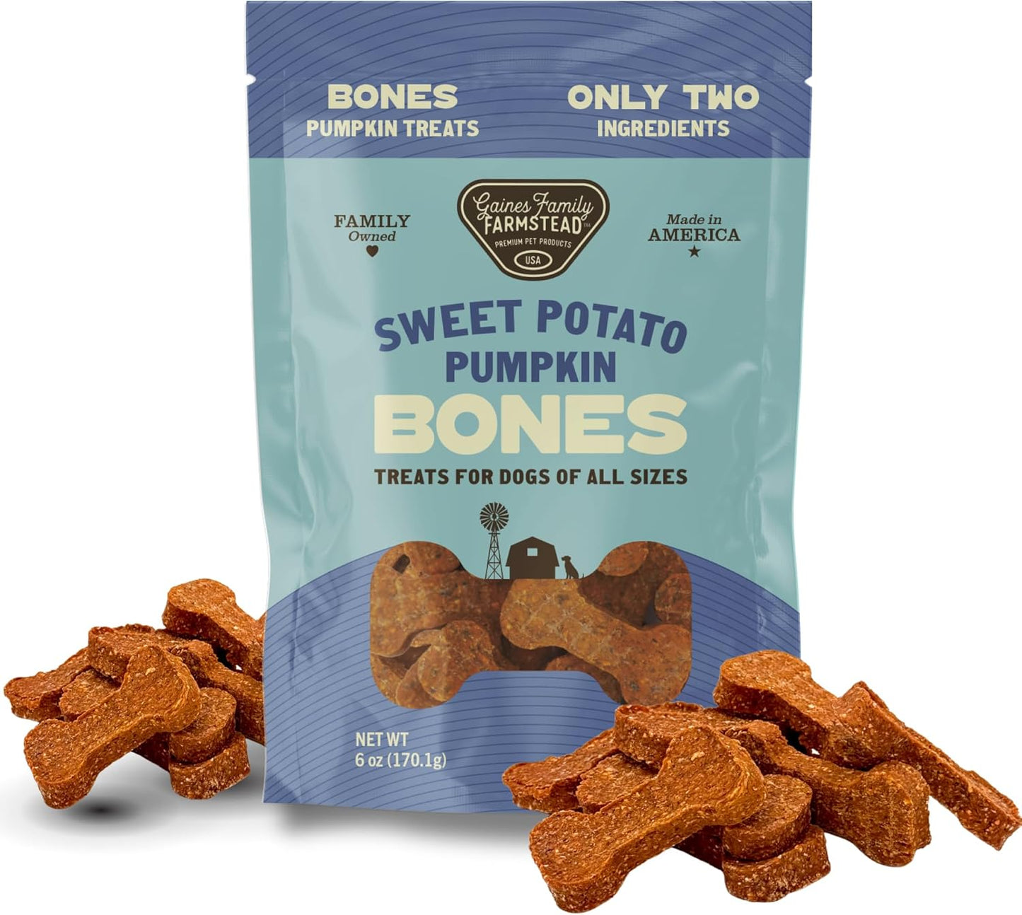 Gaines Family Farmstead Pumpkin & Sweet Potato Dog Bones – 6 oz Bag, Natural, Grain-Free Dog Treats for Digestive Health & Immunity – High-Fiber, Vitamin-Rich Chews, Made in USA