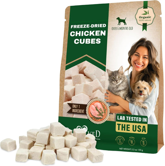Beloved Pets Dog & Cat Treats Freeze Dried Chicken Cubes 5.3 oz - All Natural Meat Raw Pet Food - Human Grade High-Protein Snacks & Grain-Free Jerky Chews for Cats and Small Dogs
