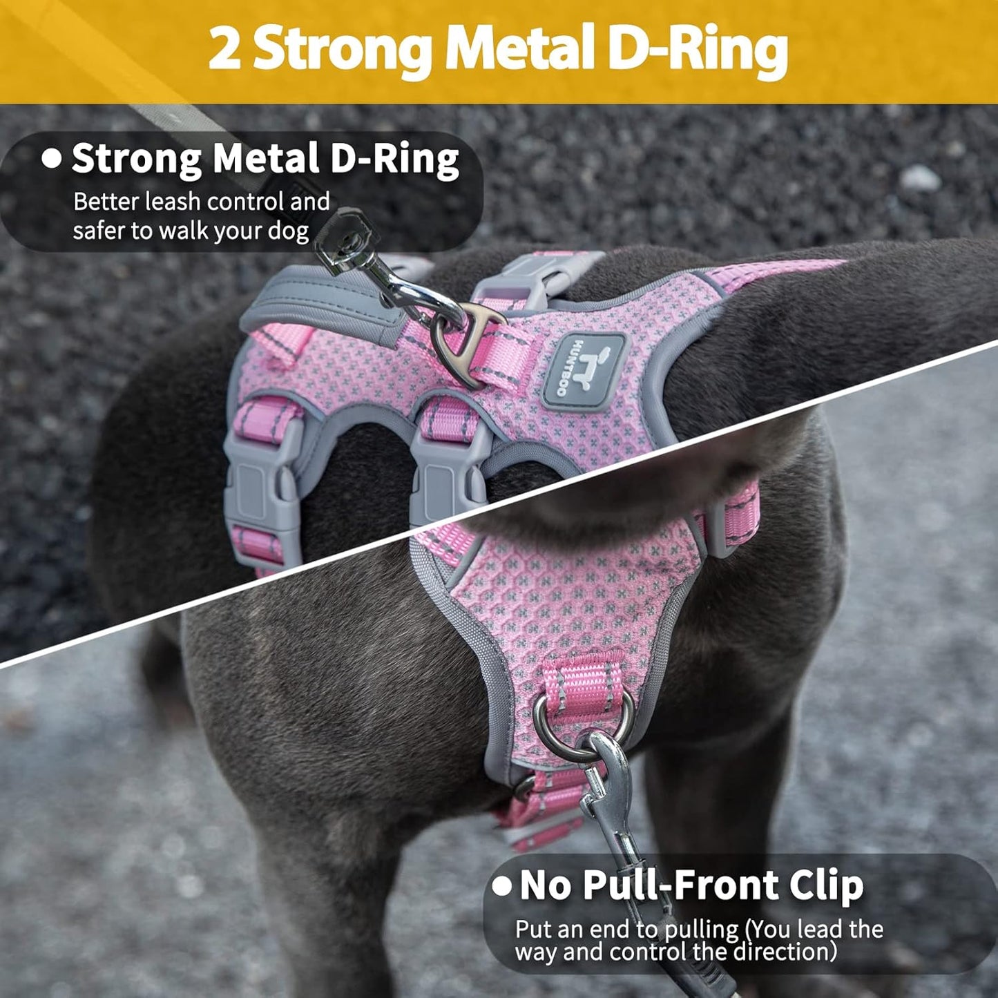 Huntboo Escape Proof Dog Harness, Escape Artist Harness, Fully Reflective Harness with Padded Handle, Breathable,Durable, Adjustable Vest for Medium Dogs Walking, Training, and Running Gear (Pink,M)