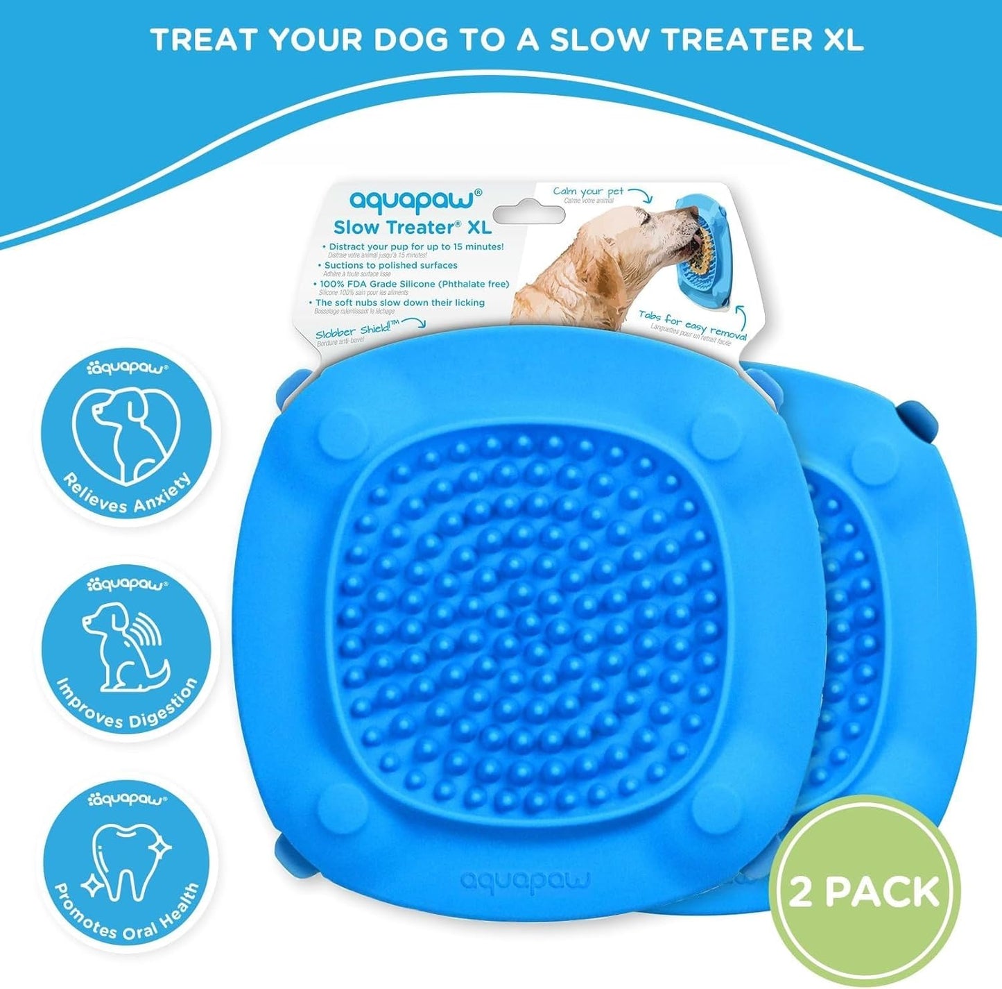 Aquapaw Dog Bath Lick Mat - 2-Pack, XL, Blue - Slow Feeder Mat & Dog Treat Container with Suction Cup - Shower Peanut Butter Holder & Bathing Distraction Aid