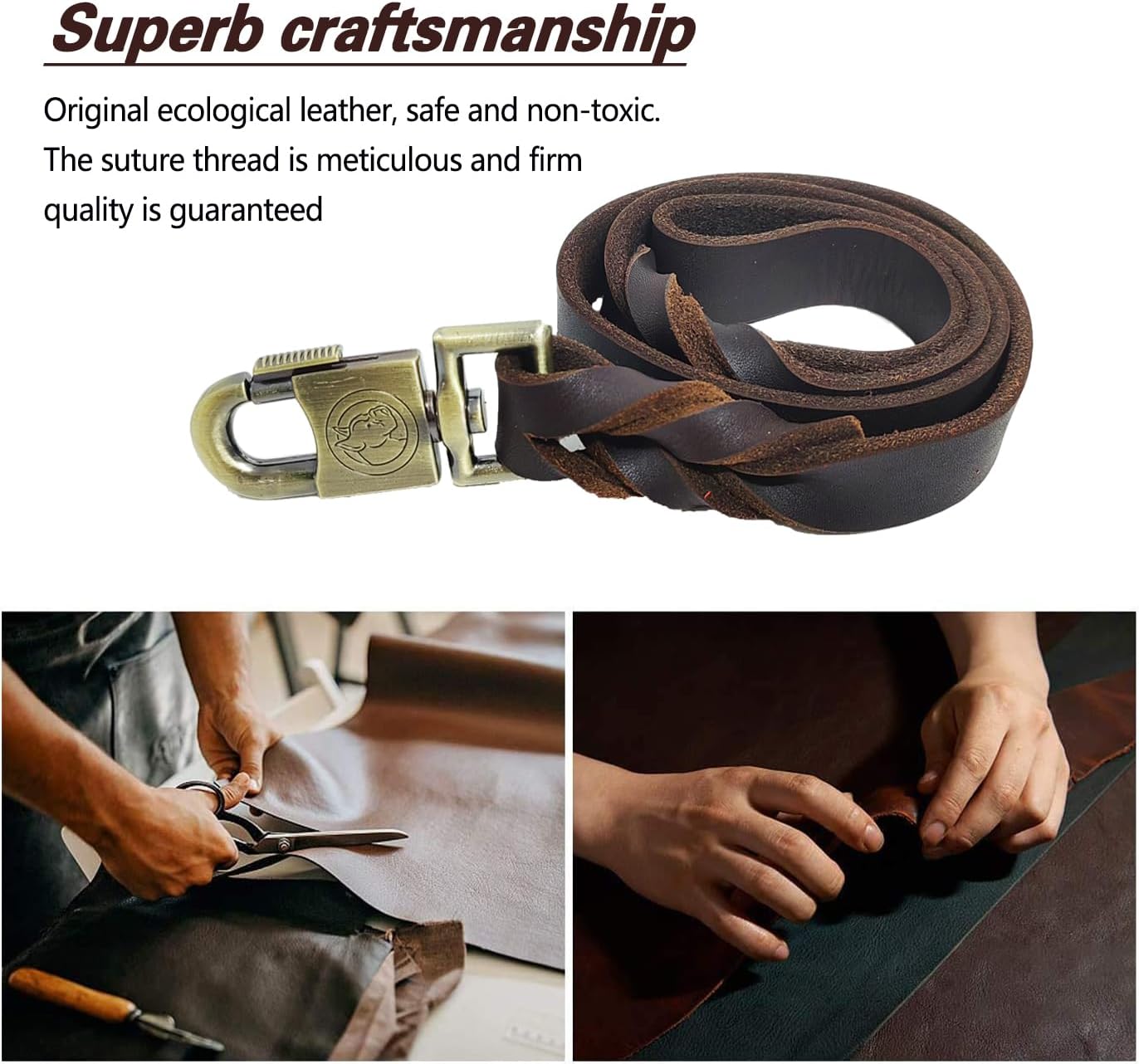 LWBMG Leather Dog Leash 3 ft Upgrade Braided Thick Genuine Leather Dog Leash with Lock Head Hook Short Heavy Duty Pet Training Lead for Medium Large Dogs