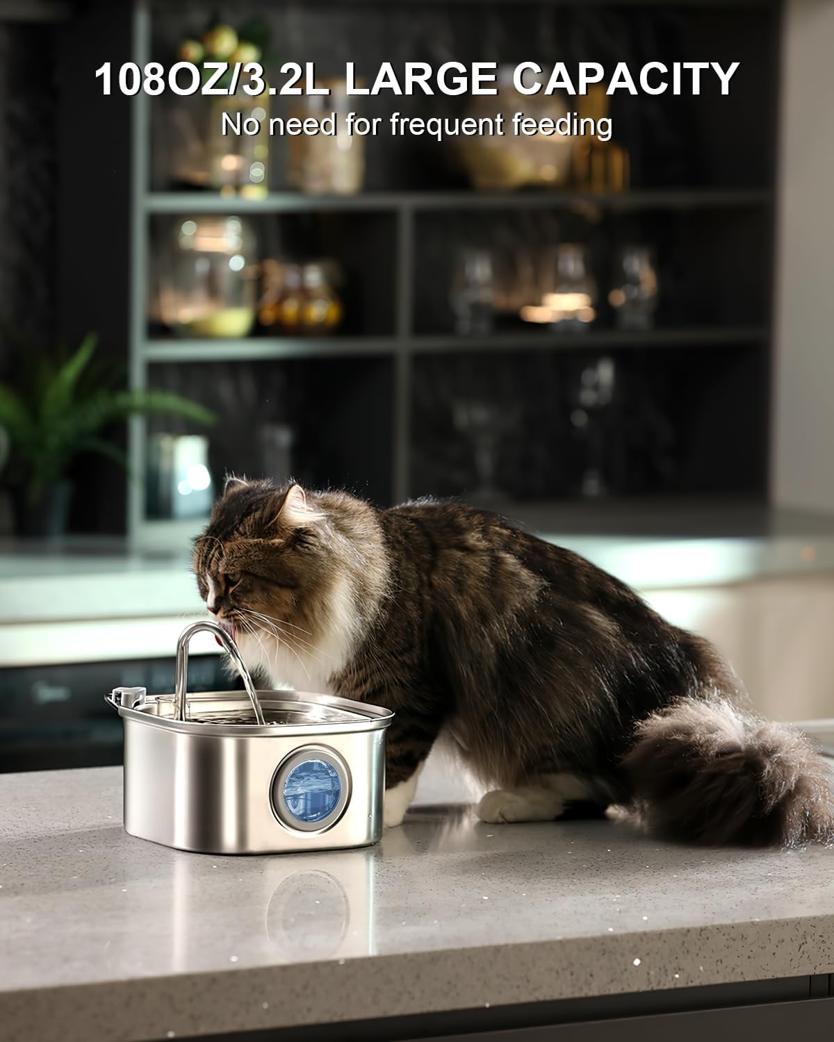 Cat Water Fountain, 3.2L/108oz Stainless Steel Pet Water Fountain, cat Fountain with Super Quiet &Transparent Window Design- Water Fountains for Cats Indoor