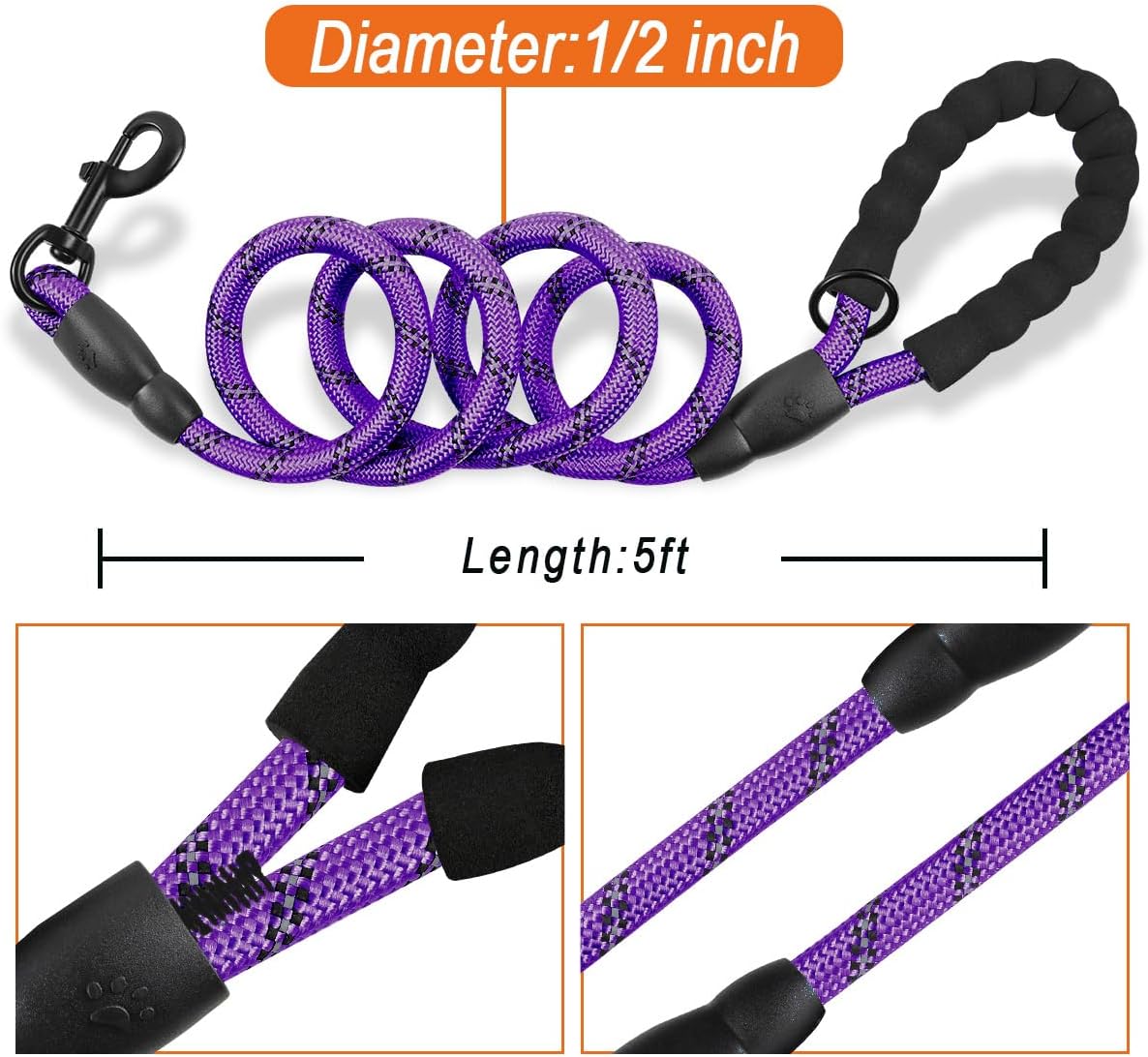 BARKBAY Dog Leashes for Large Dogs Heavy Duty Dog Leash 2 Pack 5 FT with Comfortable Padded Handle Highly Reflective Threads for Medium Large Dogs Walking Training Running (5FT-1/2,Purple+Black)