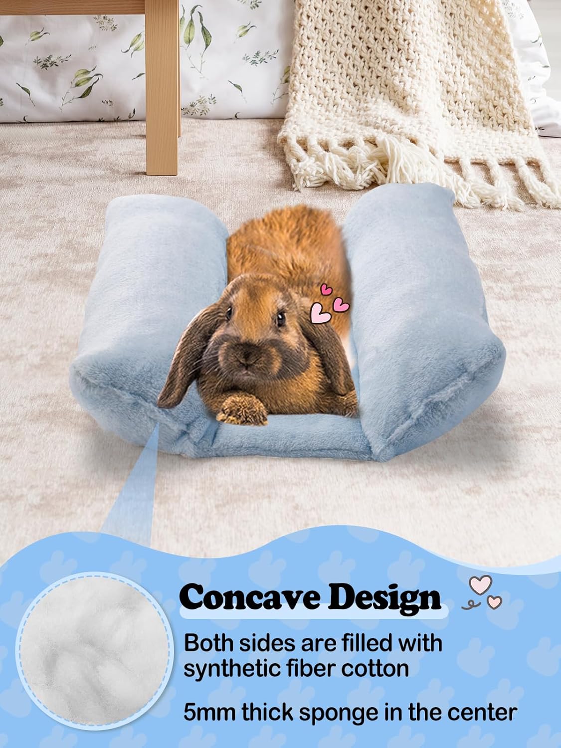 MEWTOGO 15.7 x 14In Rabbit Bed - Thickened Soft Bunny Concave Bed, Cuddle Cushion Plush Mat with Cotton Lounger Pillows, Small Pet Flop Mat for Cage Sleeping Indoor Bunny Gifts, Light Blue