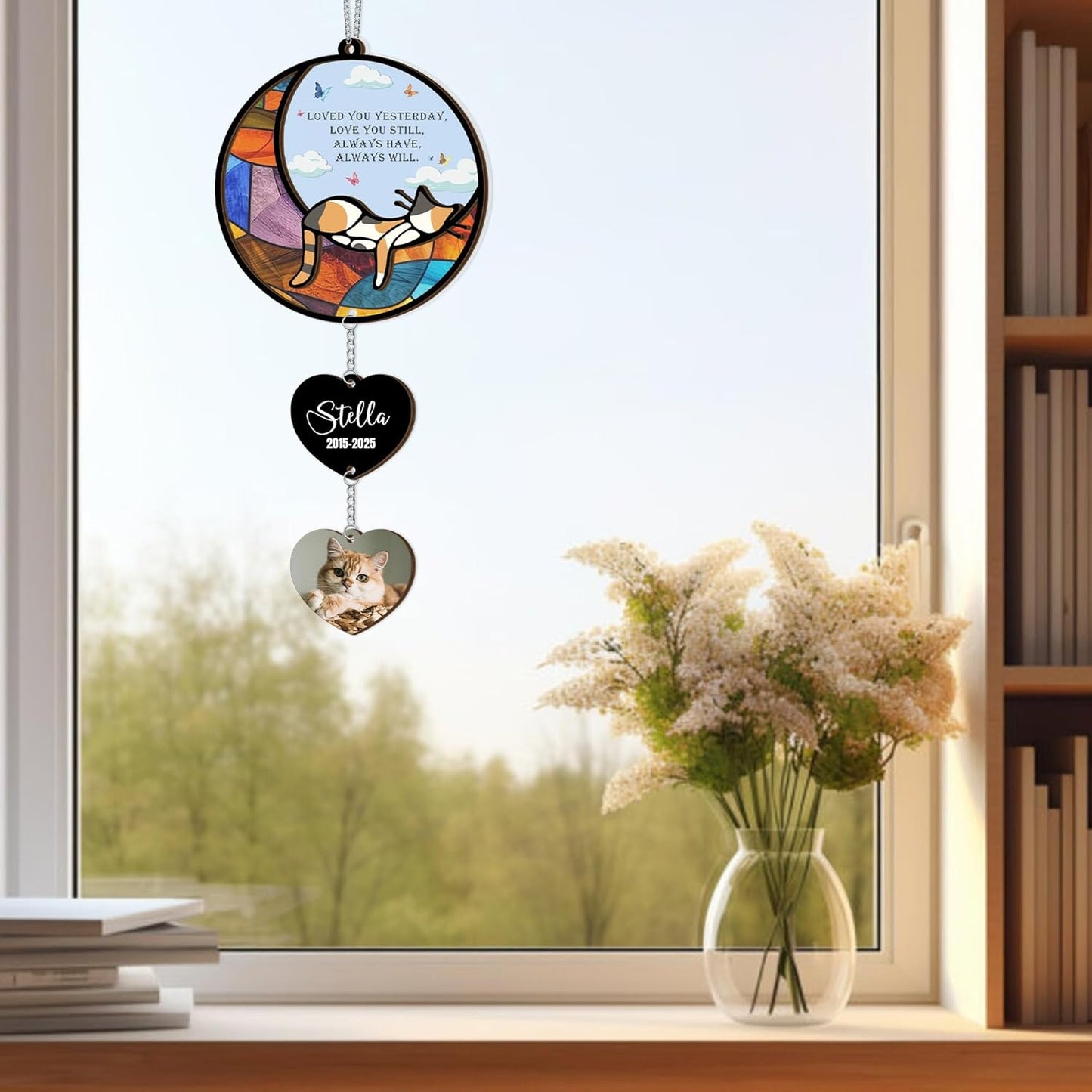 Personalized Stained Glass Sleeping Cat Suncatcher |Cat Loss Sympathy Gift | Customized Pet Memorial Suncatcher with Charms | Custom Pet Memorial Gifts| Best Gifts for Your Beloved Cats Passed Away