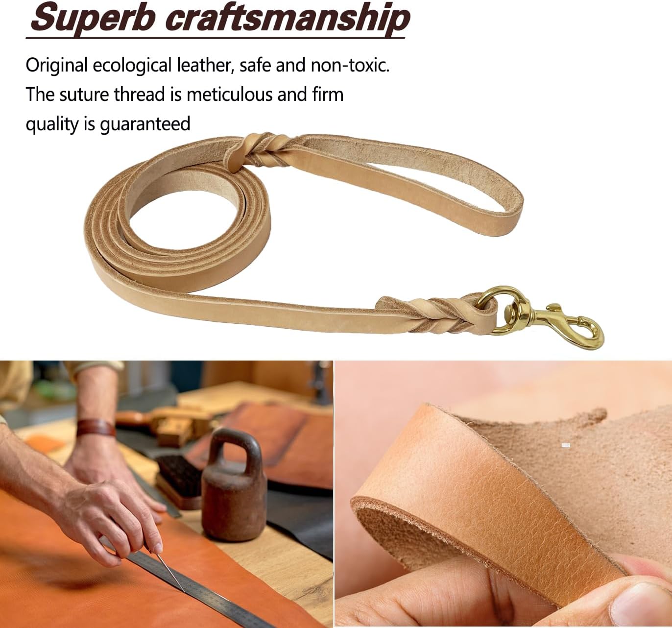 LWBMG Leather Dog Leash - 4ft x 1/2 inch Heavy Duty, Braided, Comfortable for Medium & Small Dogs - Tan