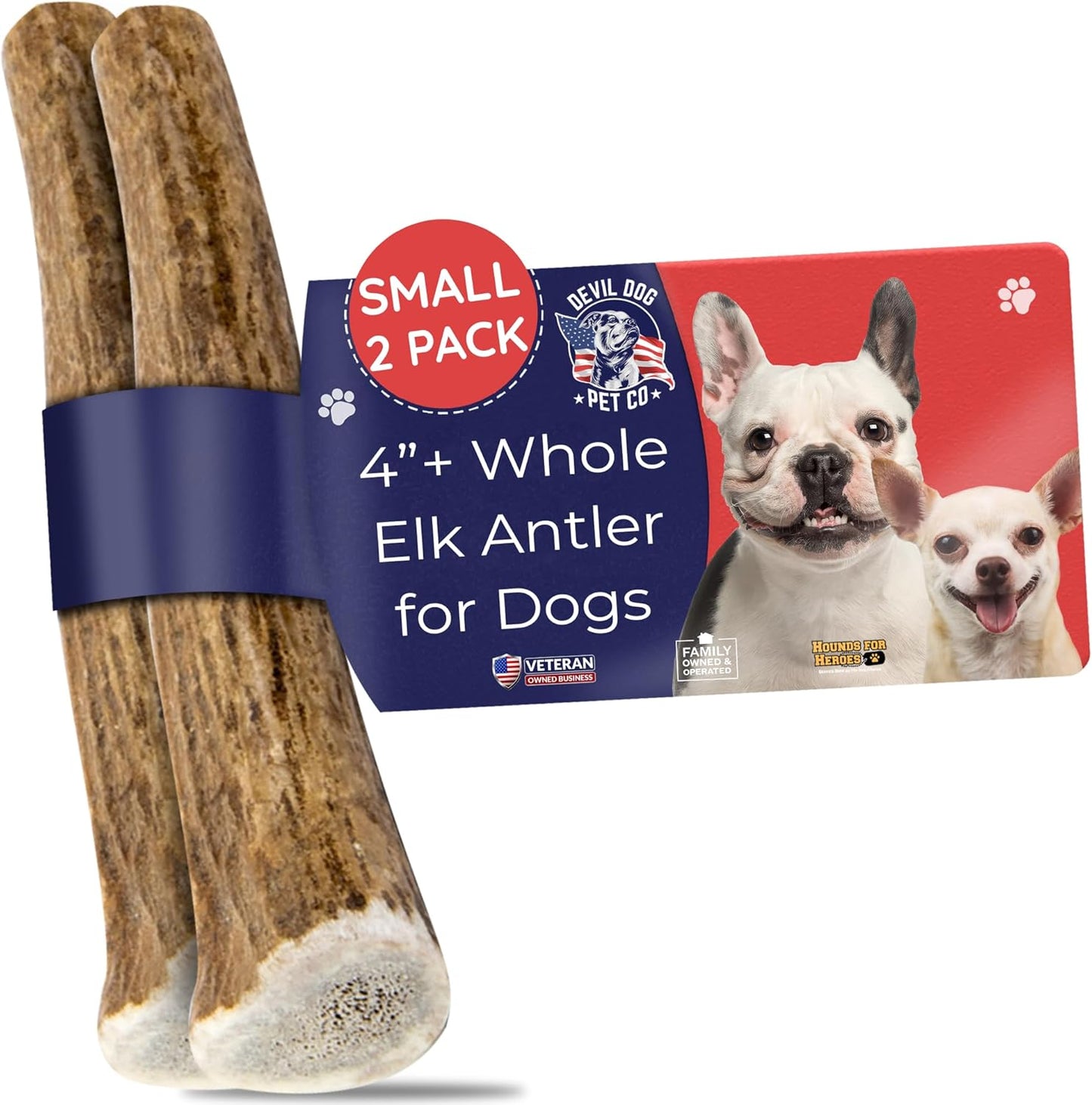 Devil Dog Pet Co. Elk Antlers for Dogs, Small 4"+, 2 Pack, Grade A Long Lasting Chew for Aggressive Chewers, Premium USA Naturally Shed Antler – Healthy, No Odor, Durable Dog Chew