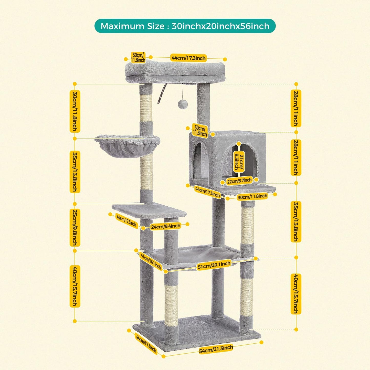 PAWZ Road Cat Tree, 56 Inches Tower Condo with Large Top Perch & Hammock, Cat Tower with Scratching Posts for Indoor Cats，Gray