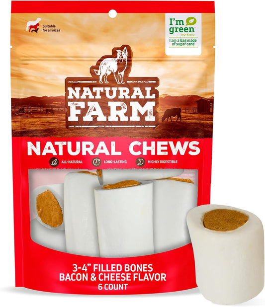 Natural Farm Bacon & Cheese Filled Bones (3-4 Inch, 6 Pack), Limited Ingredient, Natural Stuffed Dental Dog Bone Treats for Dogs, Made with Real Beef
