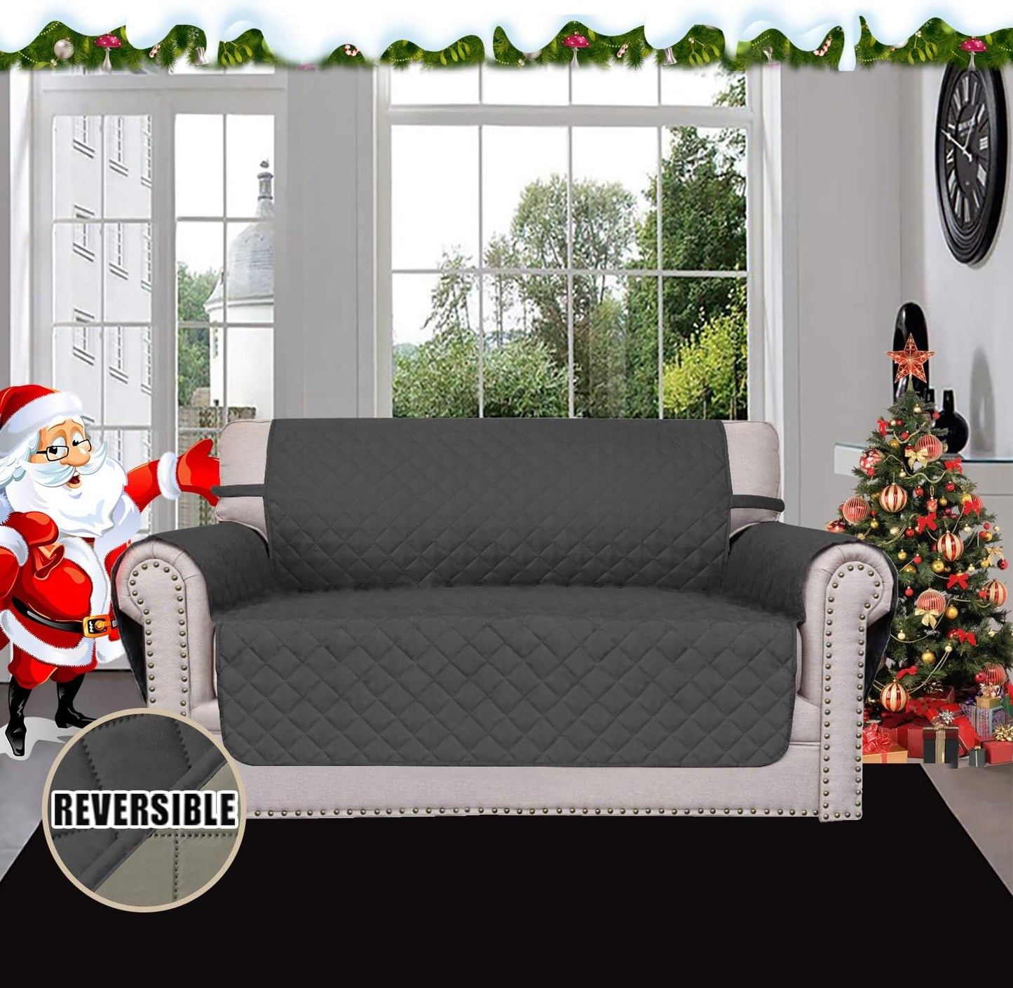 Easy-Going Reversible Loveseat Couch Cover for 2 Cushion Couch Sofa Cover for Dogs Water Resistant Furniture Protector with Foam Sticks Elastic Straps for Pet (Loveseat, Darkgray/Beige)