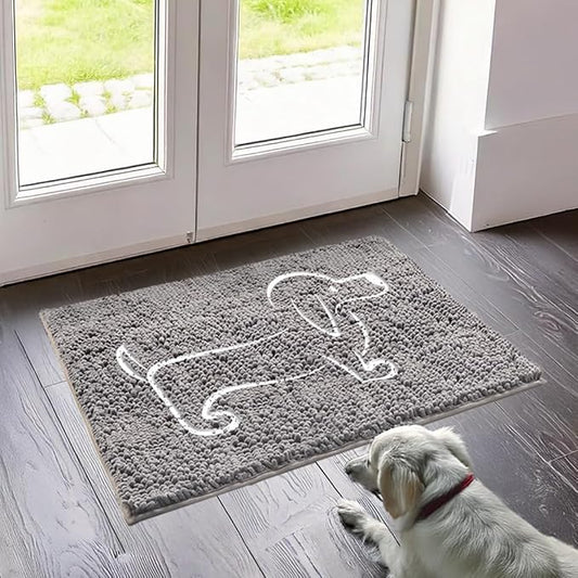 Muddy Mat® Hot Dog Door Embroidery Mat Super Absorbent Microfiber Indoor Outdoor mat for Muddy Paws, Non-Slip Washable Pet Rug, Quick Dry Chenille Entryway Carpet, Machine Washable – Grey 19”x30”