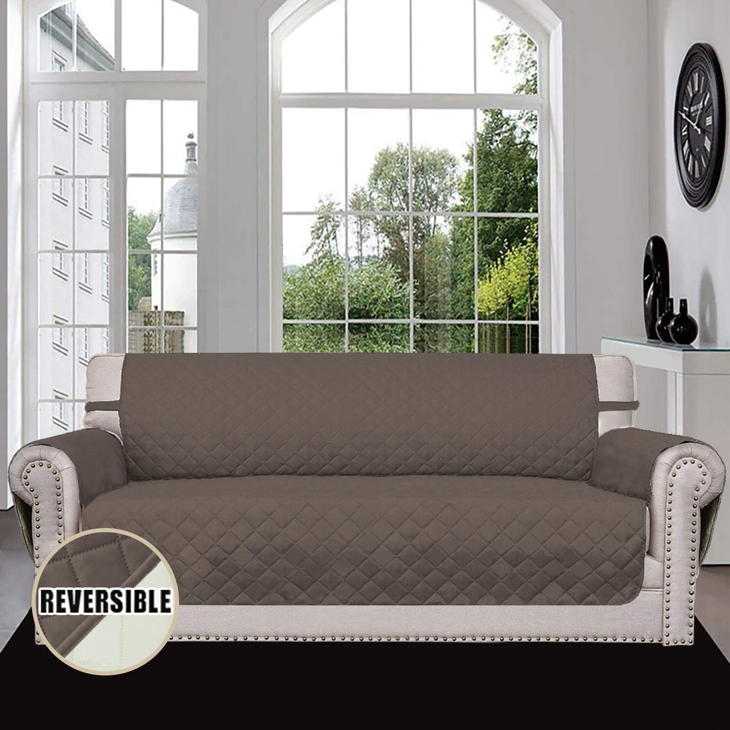 Easy-Going Reversible Couch Cover for 3 Cushion Couch Sofa Cover for Dogs Water Resistant Furniture Protector Cover with Foam Sticks Elastic Straps for Pet Cat (Sofa, Taupe/Ivory)