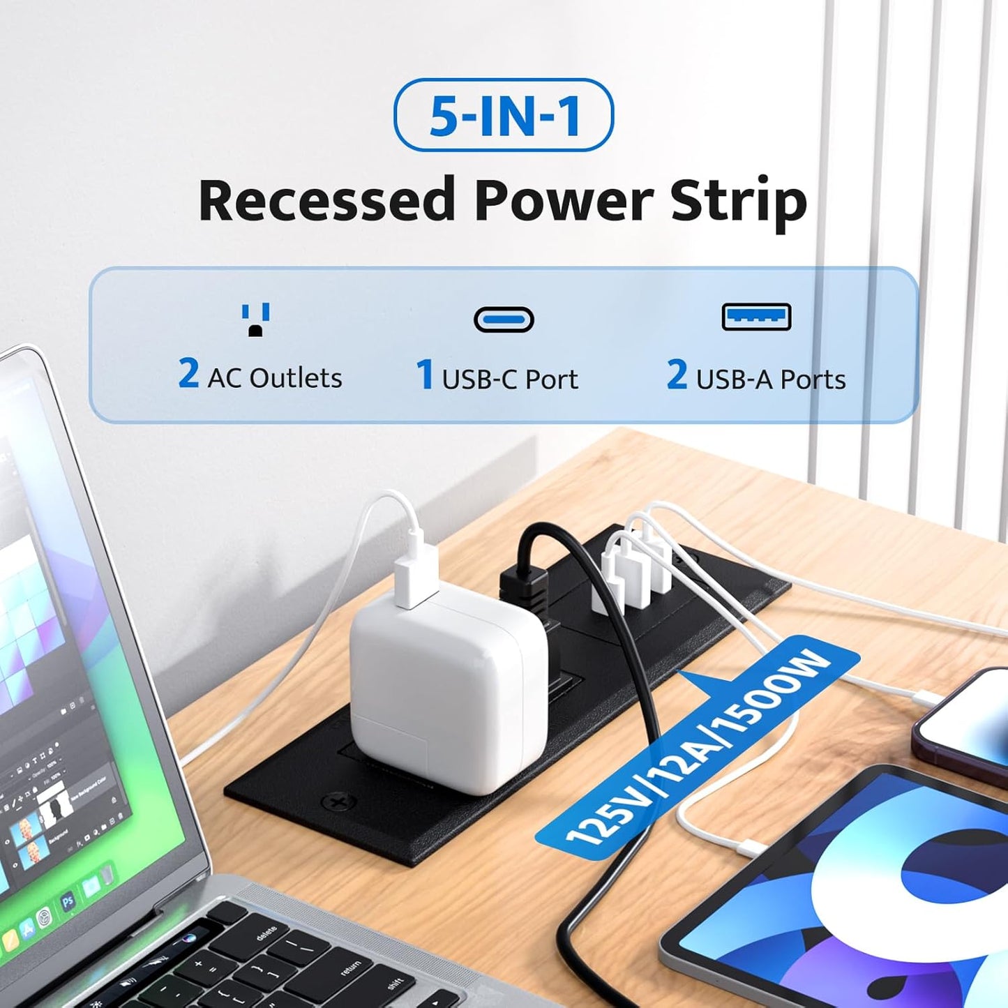 DOACE Recessed Power Strip with USB C Fast Charging Conference Recessed Outlet,Space-Saver for Furniture Side Table,2 AC Outlets,3 USB Ports,6ft Cord, for Home