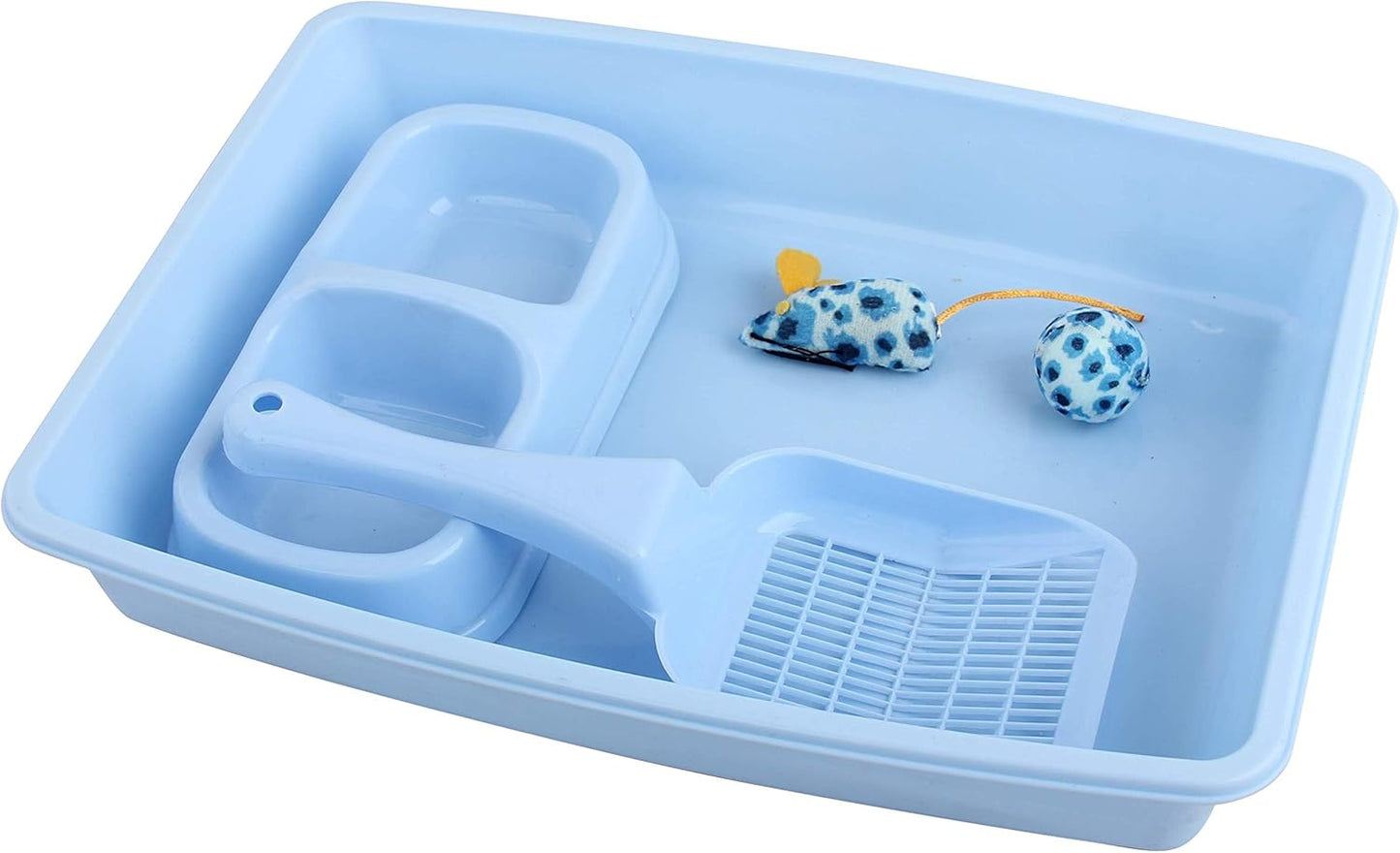 PAWISE Kitty Litter Box Set 5-Pieces - Shallow Cat Litter Pan, Cat Litter Scooper, Feeding Bowls, Kitten Starter Kit Mouse Toy, 14.5x10.5 Inches, Blue