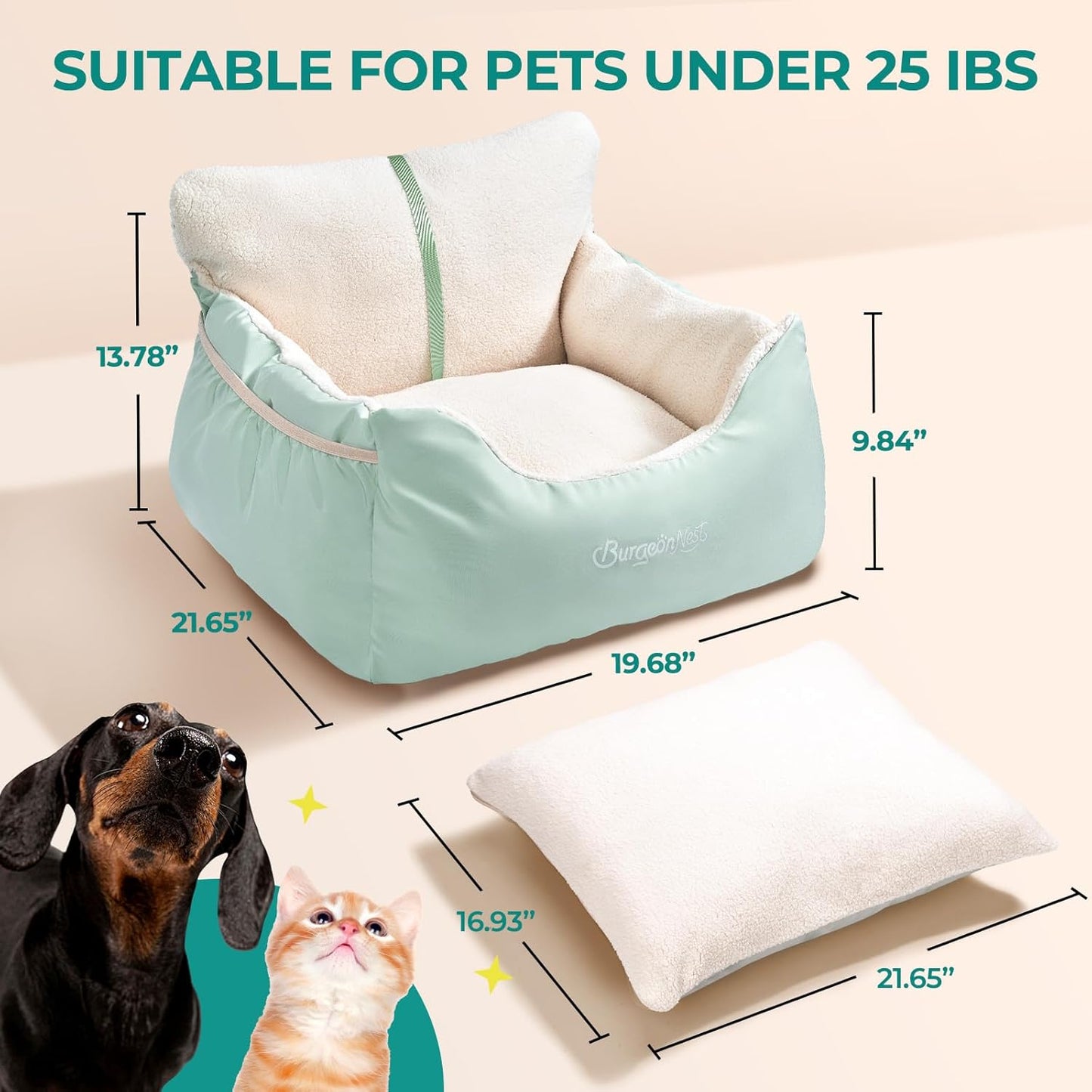 BurgeonNest Dog Car Seat for Small Dogs, Detachable and Washable Cat Carseats Under 25 lbs, Soft Pet Booster Seats with Storage Pockets and Clip-On Leash Portable Car Travel Carrier Bed, Beige Green