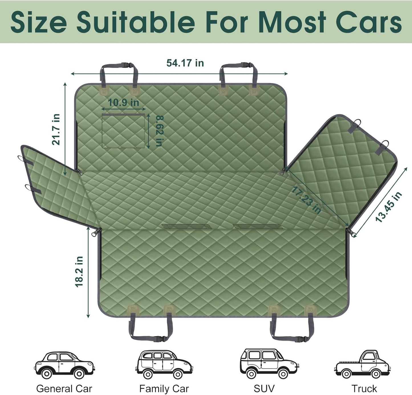 Waterproof Dog Car Seat Cover for Back Seat - Durable, Scratch Proof Pet Hammock with Nonslip Design & Storage Pockets, Fits Cars, SUVs, Trucks- S, Green