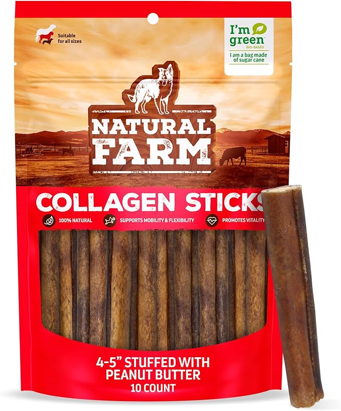 Natural Farm Peanut Butter Stuffed Collagen Chews for Dogs (4-5 Inch, 10 Pack), Rawhide-Free Collagen Sticks, Odor-Free Natural Dog Chews, Long Lasting Treats for Small, Medium Dogs
