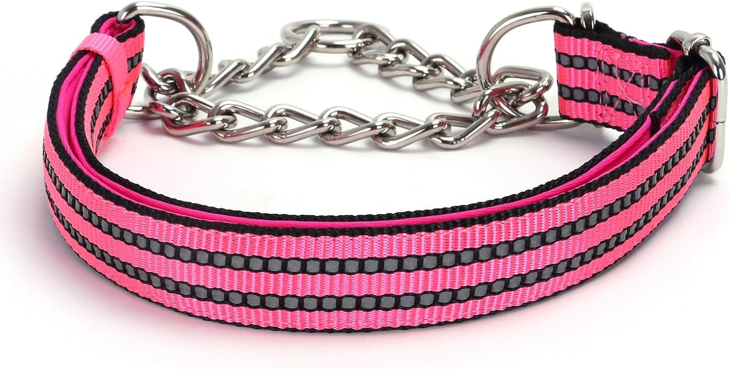 Martingale Dog Collar with Chain,Reflective Nylon Soft Padded Adjustable Choke Collar for for Small Medium Large Pet Boy Male Dogs