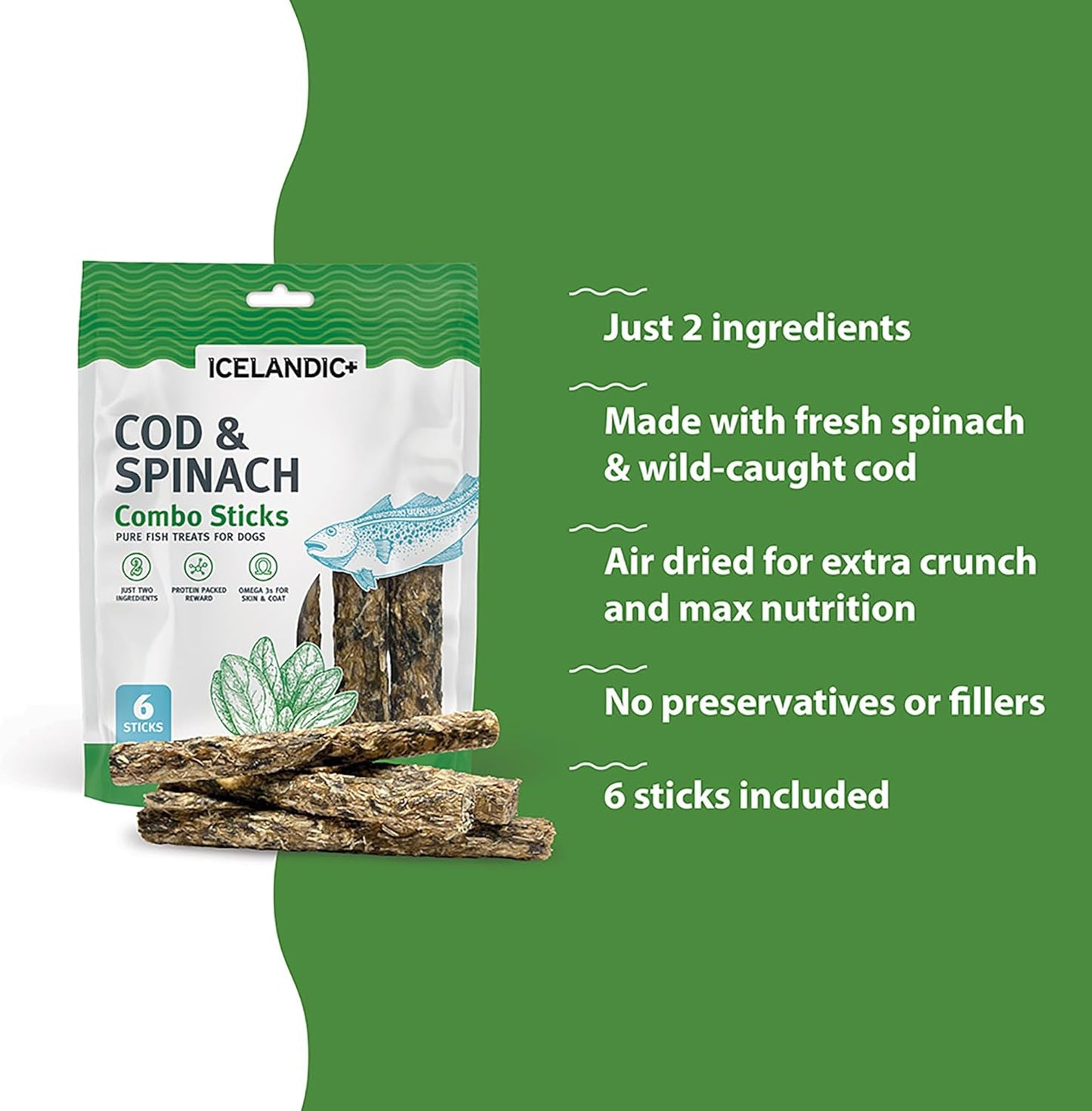 Icelandic+ Combo Sticks: Cod & Spinach - 6pk Wild-Caught Fish Dog Treats, 2oz Bag, 2 Simple Ingredient Pet Snacks, Skin-Coat Health, Natural Pet Chews