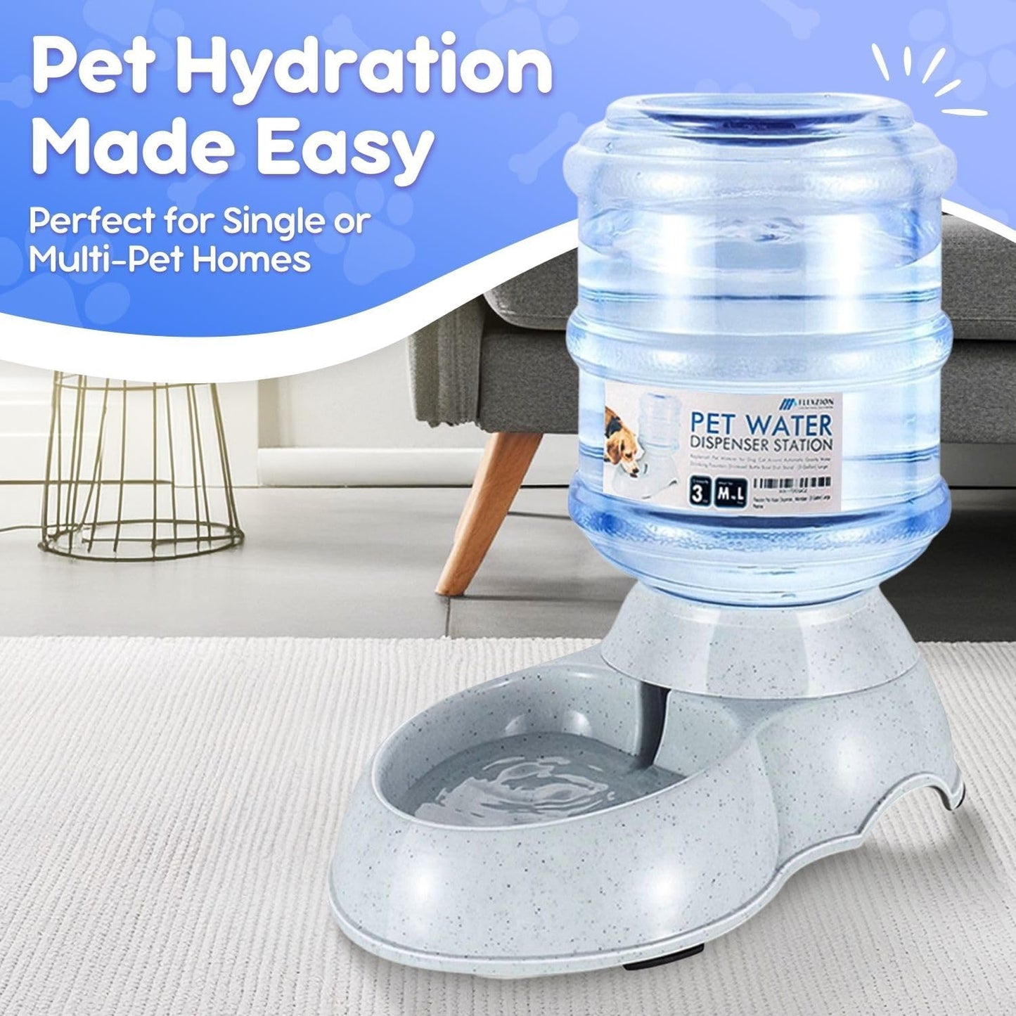 Flexzion Gravity Pet Water Dispenser Drinking Station for Dogs Cats (3 Gallon) Automatic Replenish Waterer for Small Large Breed Dog Cat,Feeding Watering Fountain Supplies Bottle Dish Bowl