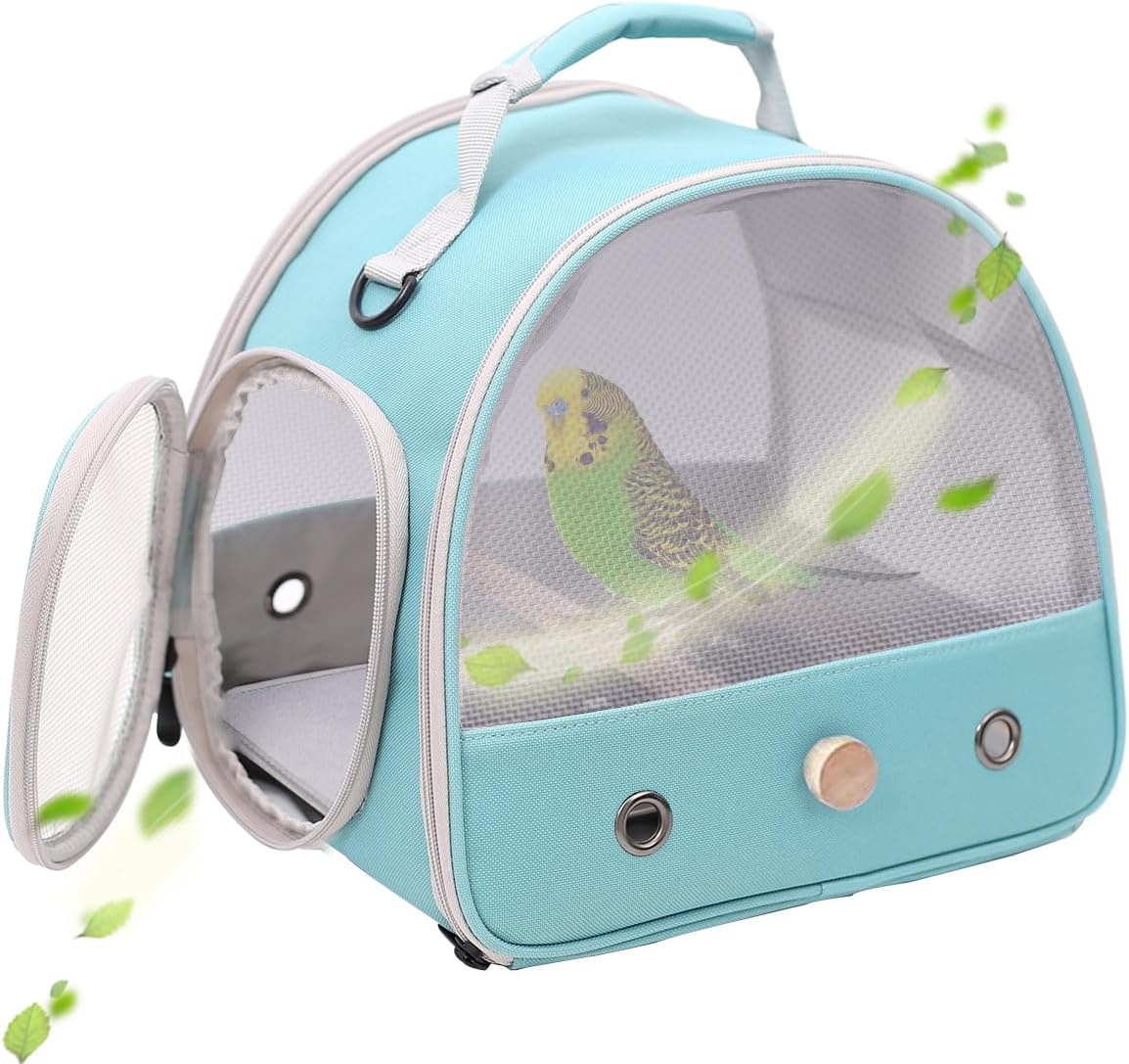 Bird Travel Cage, Portable Small Bird Parrot Parakeet Carrier with Standing Perch, Side Access Window Collapsible(Green, Mesh Windows)