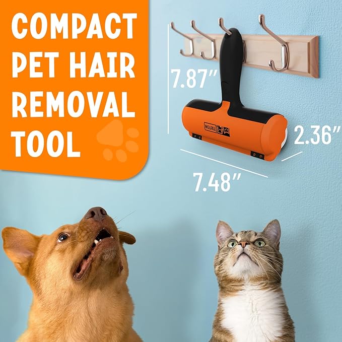 Triton Pet Hair Removal Tool w/Fur Trapping Compartment and Detachable Handle, 60% Smaller Storage Size, Reusable Shedding Roller, Cat and Dog Hair Remover for Car, Furniture, Carpet, Couch (Orange)