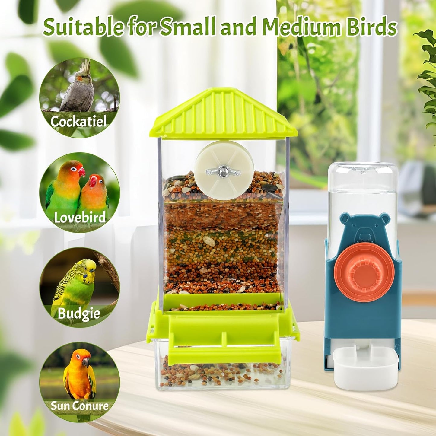 Rypet No Mess Bird Water Feeder Dispenser Set Automatic Bird Feeder for Cage Transparent Food Container for Cage Acrylic Parrot Seed Feeders Accessories for Small Birds Parrot Cockatoo Canary