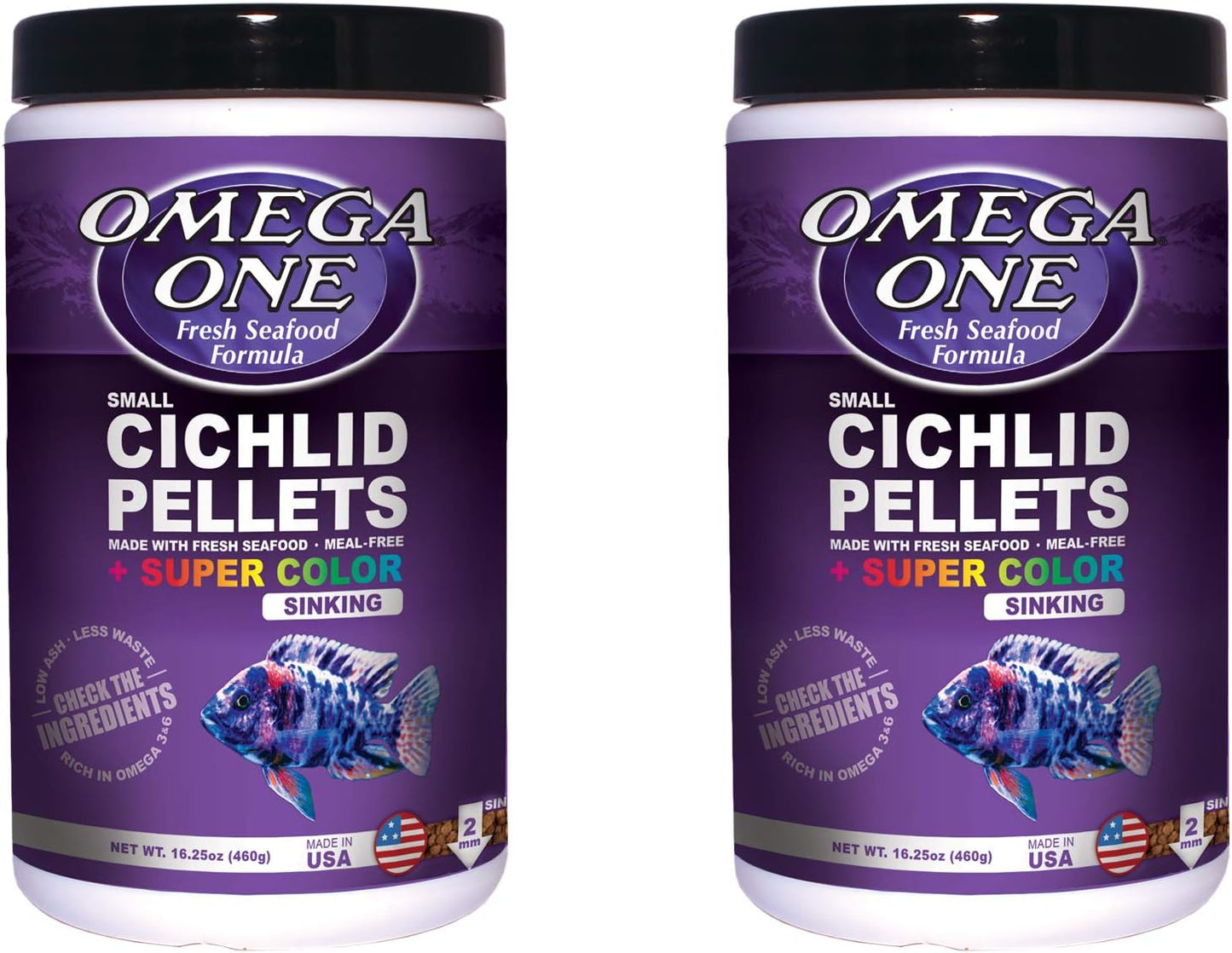 Omega One 2 Pack of Super Color Sinking Small Cichlid Pellets, 16.25 Ounces Each, Made in The USA