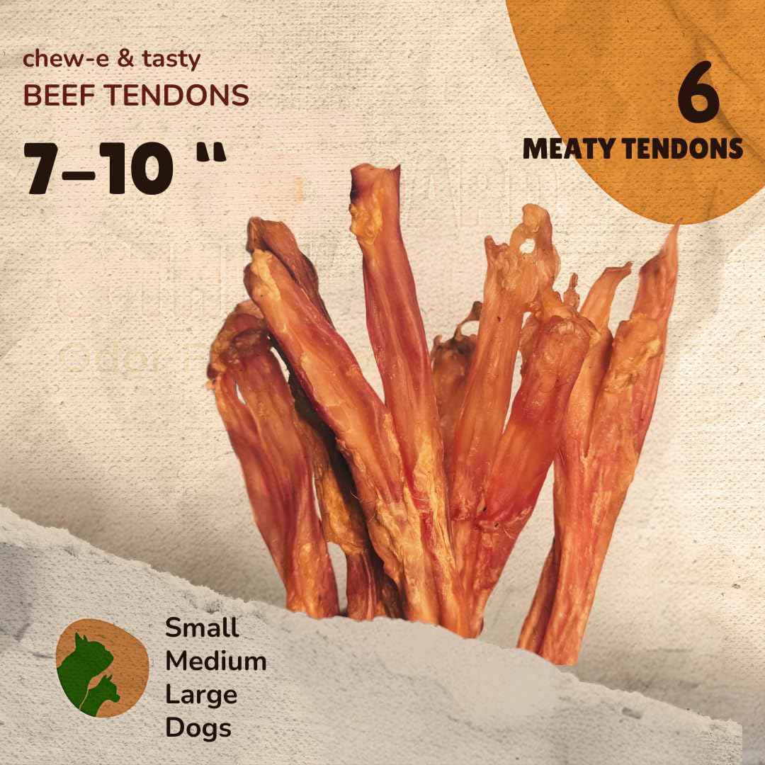 chew-e&tasty Beef Tendon Chews for Dogs (7-10 Inch, 6 Pack), All Natural Rawhide Free Dog Chews, Long Lasting w/Chondroitin & Glucosamine, Dental Health for Small, Medium, Large Dogs