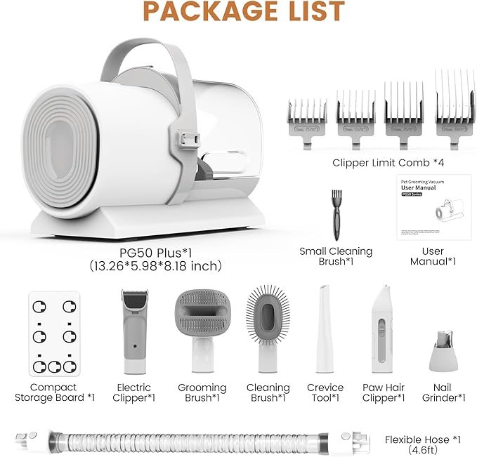 Dog Grooming Vacuum and Kit, Clipper Nail Trimmer Grinder, 2.5L Dust Cup 7 Grooming Tools 11000Pa Pet Vacuum for Shedding Grooming, Dog Hair Vacuum, Home Cleaning, PG50 Plus