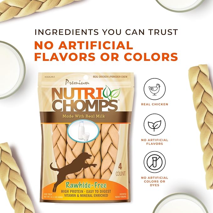NutriChomps 9-inch Braid, Rawhide-Free Dog Treats, Easy to Digest, Healthy, 4 Count Milk
