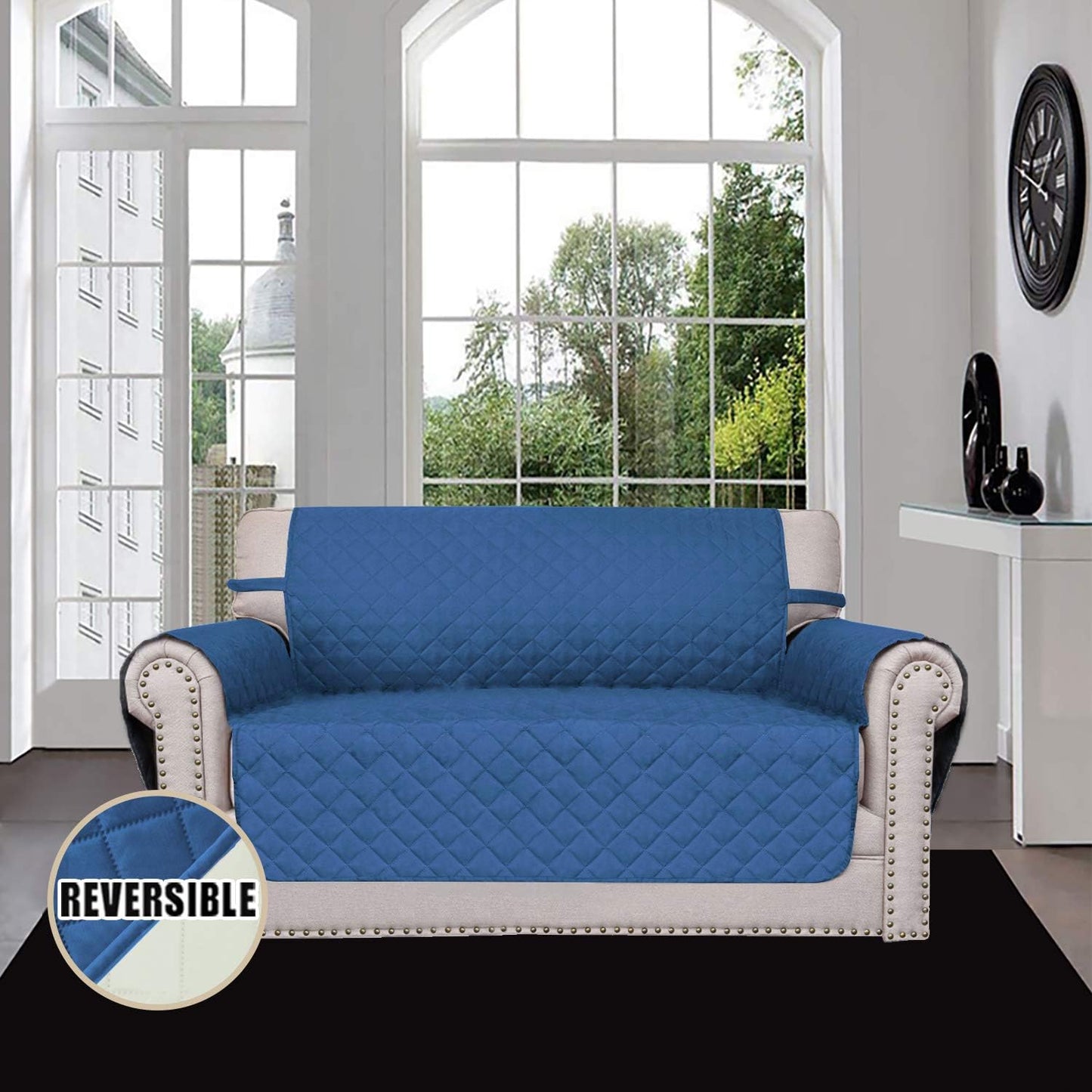 Easy-Going Reversible Loveseat Couch Cover for 2 Cushion Couch Sofa Cover for Dogs Water Resistant Furniture Protector with Foam Sticks Elastic Straps for Pet (Loveseat, Blue/Ivory)