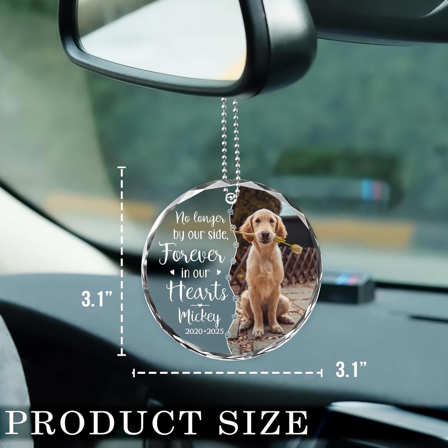 Personalized Memorial Pet Glass Car Ornament - Custom Photo, Name & Dates - Forever in Our Hearts Tribute Gift for Your Dogs- Gift for Dog Lovers (Memorial Pet Car Ornament)