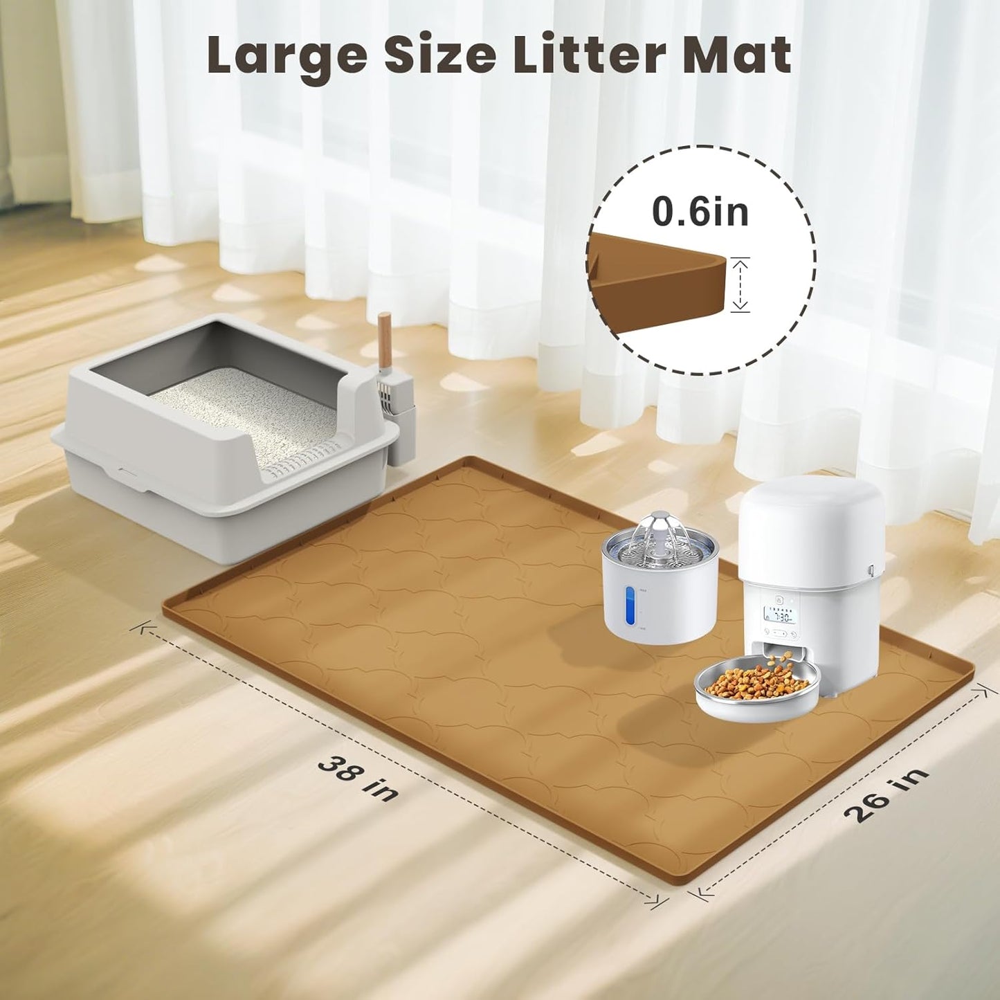 Cat Mat for Litter Box, 38" X 26" Silicone Cat Litter Trapping Mat, Easy Clean for Scatter Control, Soft on Kitty Paws, Waterproof, Urine-Proof, Non-Slip Kitty Litter Mat for Floor, Brown