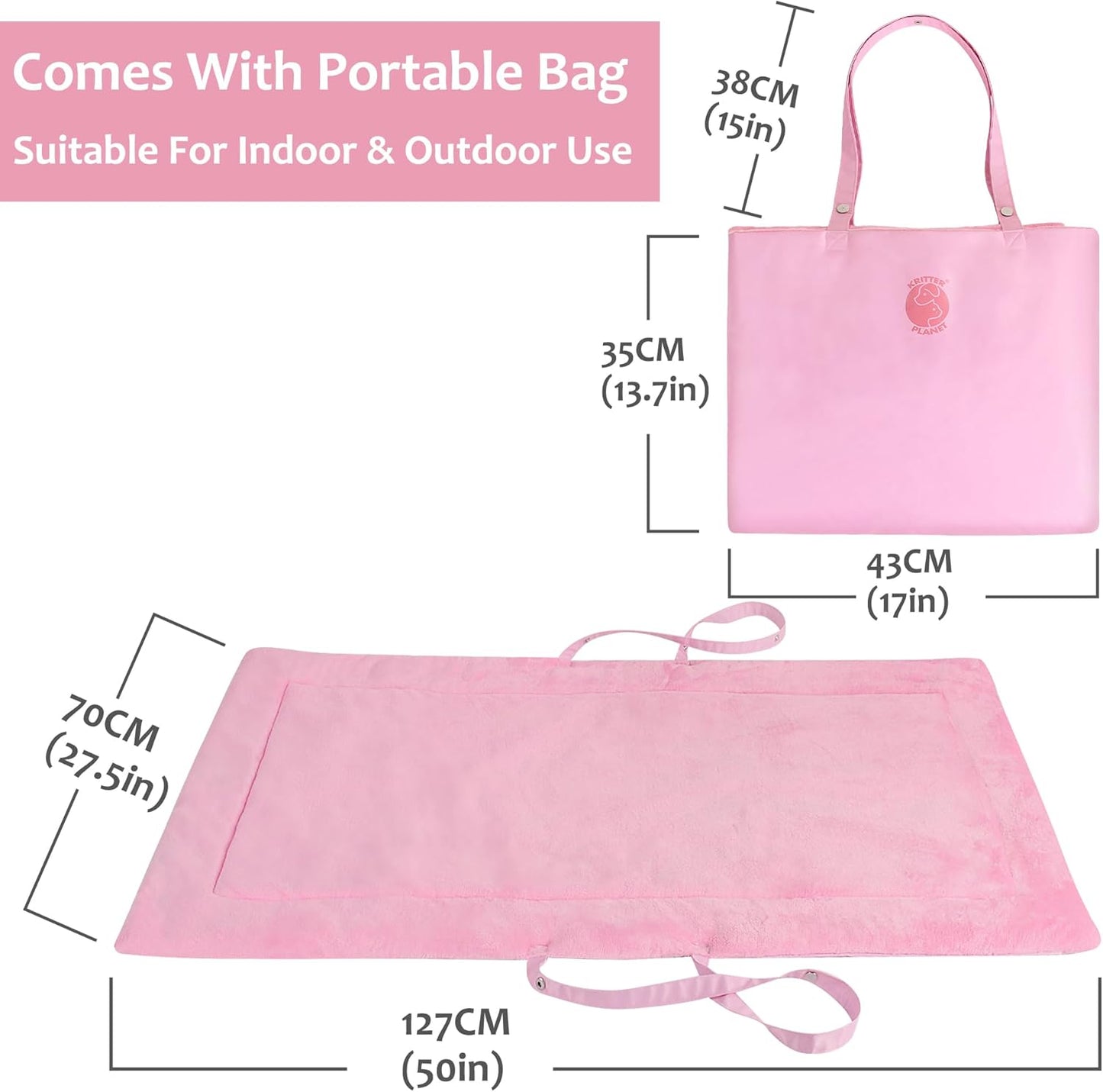 Catalonia Classic Waterproof Dog Mat, Portable Reversible Pet Travel Mat, Pet Cushion Pad with Handle for Small Medium Dogs Cats, Indoor or Outdoor, 50x27.5 inch, Pink