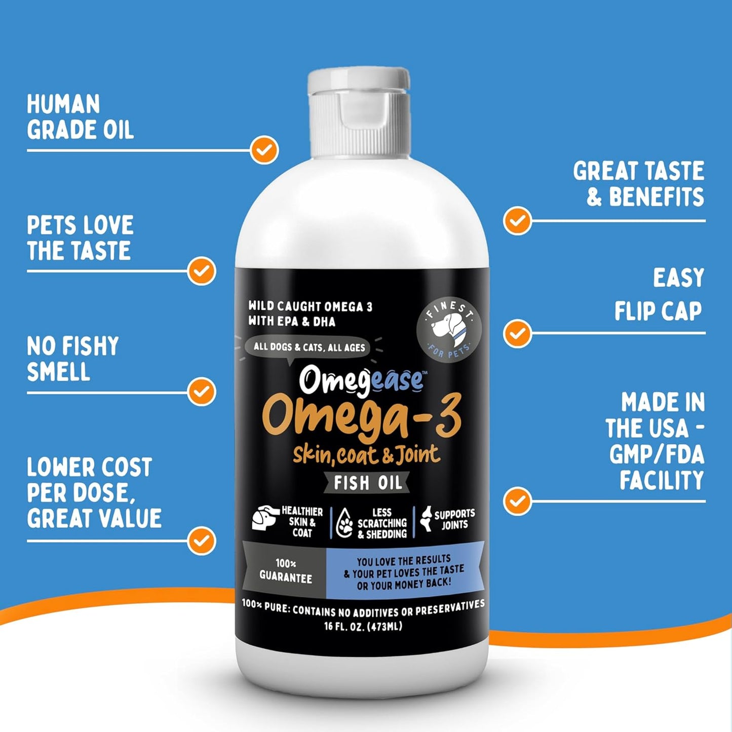 Omegease Fish Oil for Dogs & Cats - Finest for Pets Omega 3 for Cats & Dogs - Supplement for Skin & Coat, Itching, Shedding, Joints & Immune Health - 100% Pure Omega Fish Oil with EPA & DHA (16 oz)