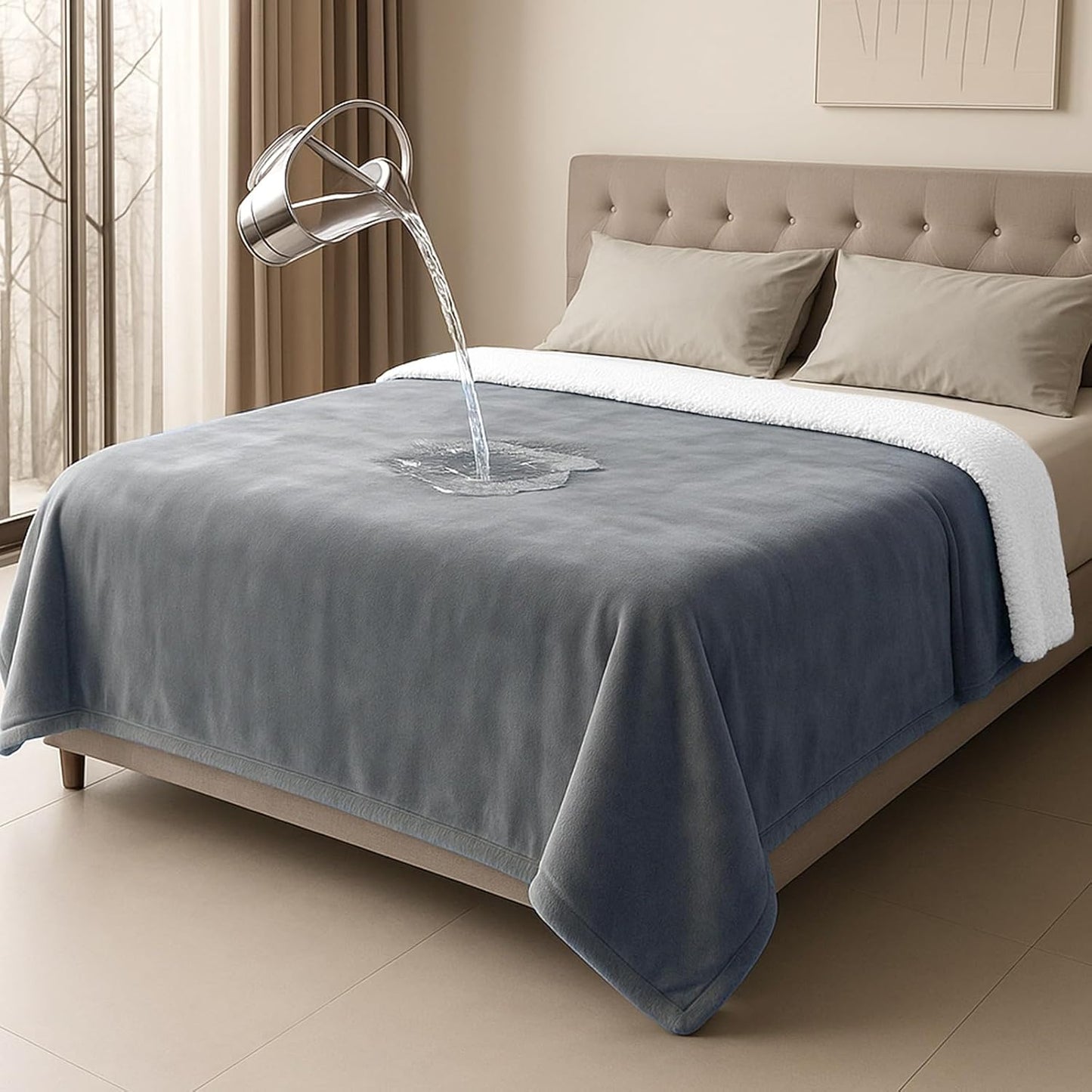 Love Gray Waterproof Bed Blanket, Twin Size 80'' x 60'' Double Side Leakproof Reversible Sherpa Flannel Fleece 3 Layer Lightweight Blanket, Absorbs 50oz