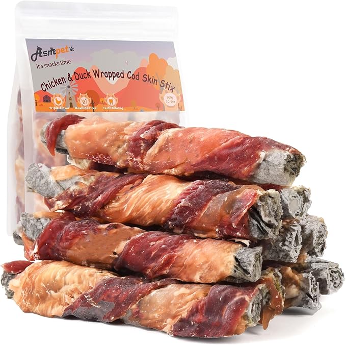 ASMPET Dog Treats Chews, Chicken & Duck Wrapped Cod Skin Sticks, Rawhide Free Cod Skin Treats for Dogs 10.6 oz