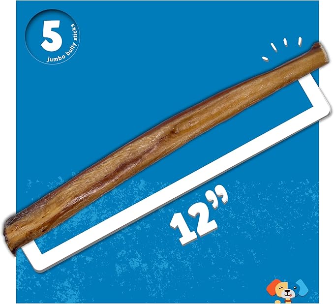 Jack&Pup 12 Inch Bully Sticks for Large Dogs (5 Pack) Jumbo Dog Chews for Aggressive Chewers | All Natural, Odor Free Bully Sticks for Dogs