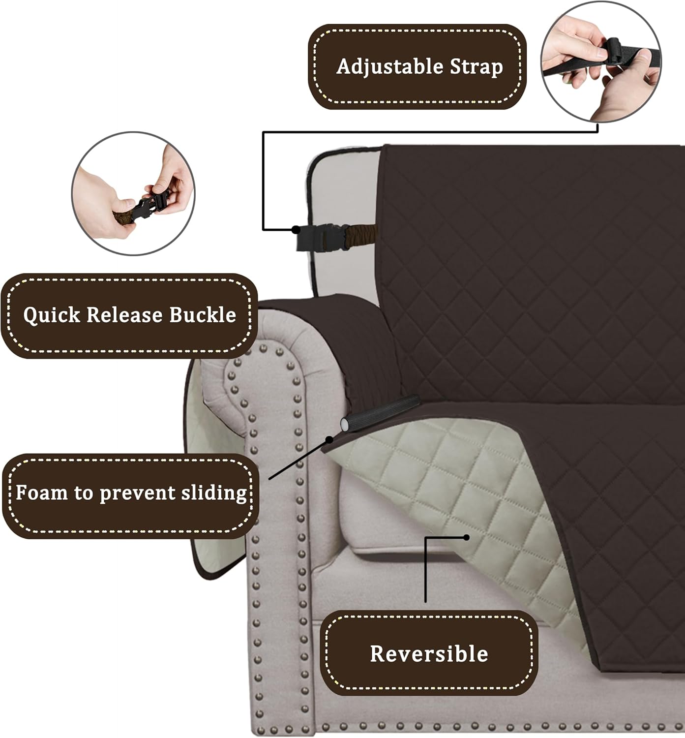 Easy-Going Reversible Chair Cover Washable Sofa Cover for Dogs Water Resistant Couch Slipcover Furniture Protector Cover with Adjustable Straps for Pets (Chair 30 in, Chocolate/Beige)