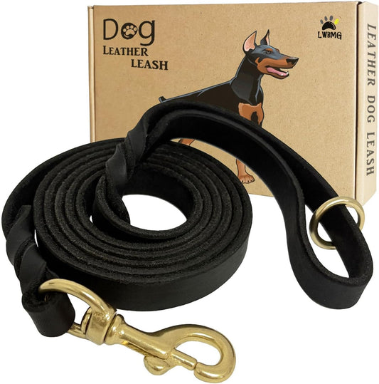 LWBMG Black Leather Dog Leash 8ft, Heavy Duty, Strong and Sturdy Braided, Soft and Comfortable for Medium Large Dogs Training and Walking