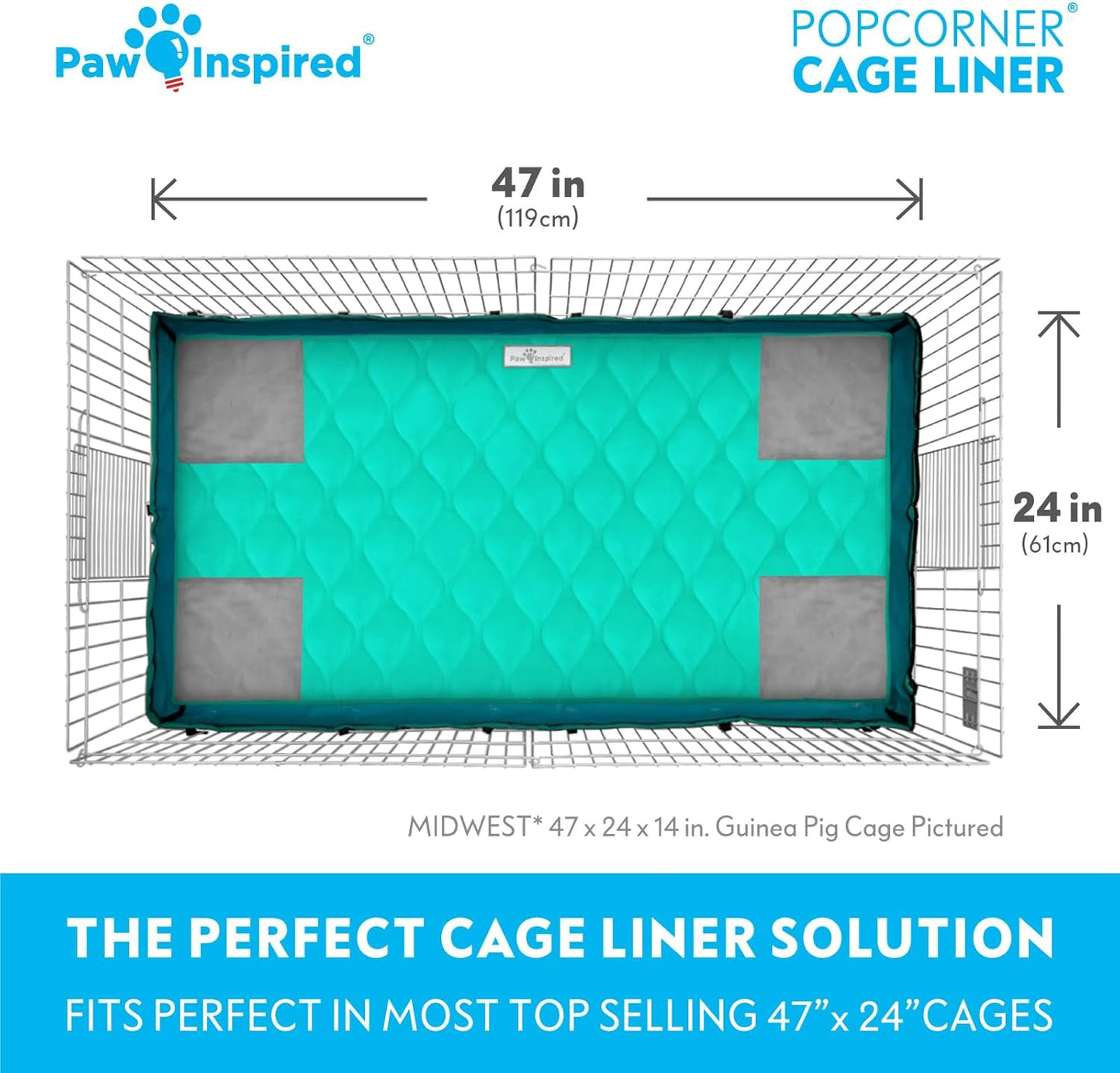 Paw Inspired PopCorner Guinea Pig Cage Liners | Washable Fleece Bedding or Pet Bed Mat for Small Animals | Super Absorbent Pee Pad with Reinforced Corners and Waterproof Bottom (Midwest, Green)