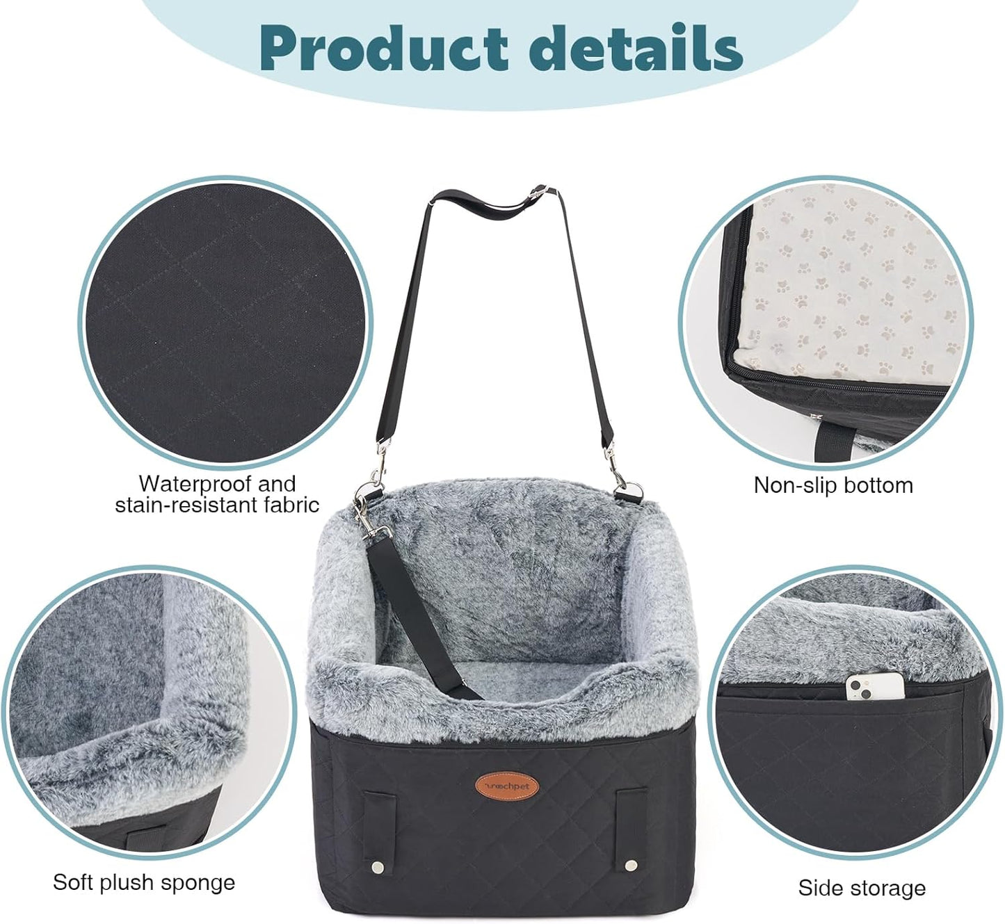 Dog Car Seat with Loops Dog Booster Seat for All Seasons, Anti Slip Bottom Pet Travel Bed with Thick Pets Sofa Cushion and Storage Pockets for Small Pets（Black）