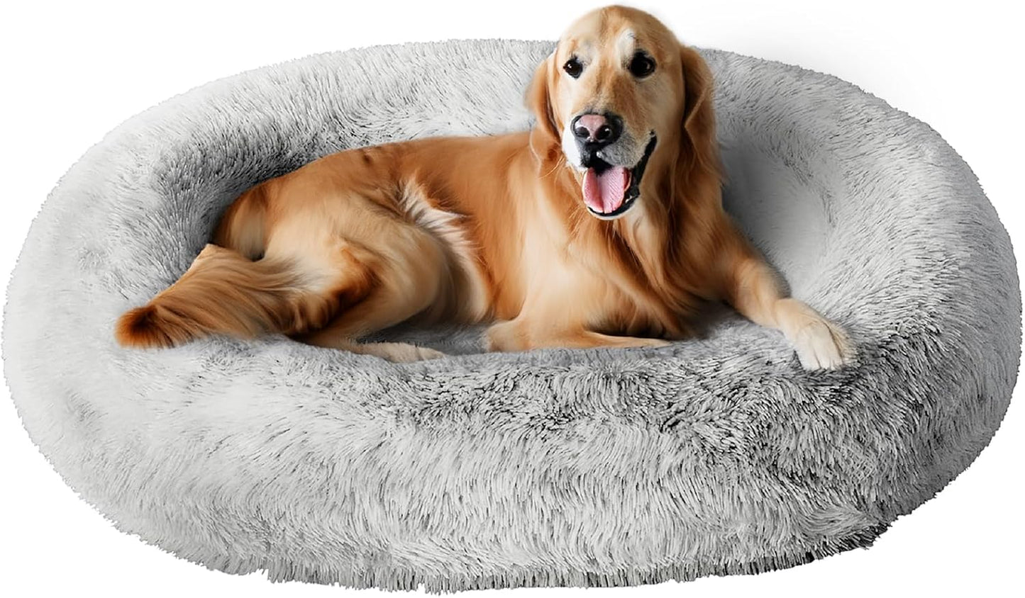 Orthopedic Calming Dog Bed for Extra Large Dogs XL, Anti Anxiety Pet Beds with Supportive Foam, Removable Washable Oval Pets Couch, Fluffy Cuddle Bolster Couch, Light Grey