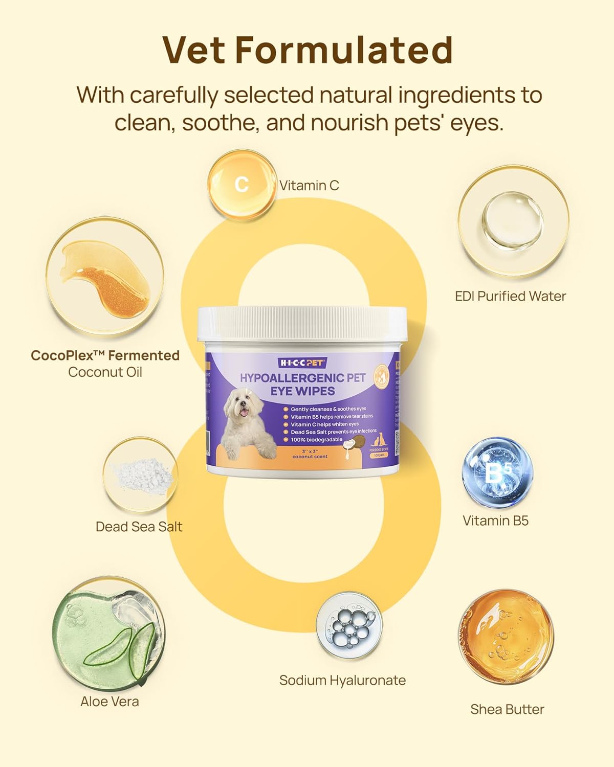 HICC PET Eyes Wipes for Dogs & Cats, Vet-Recommended Dog Eye Infection Treatment, Gently Remove Tear Stain, Debris, Discharge - Hypoallergenic Pet Eye Wash Cleaner for Eyes, Wrinkle, Face - 100pcs