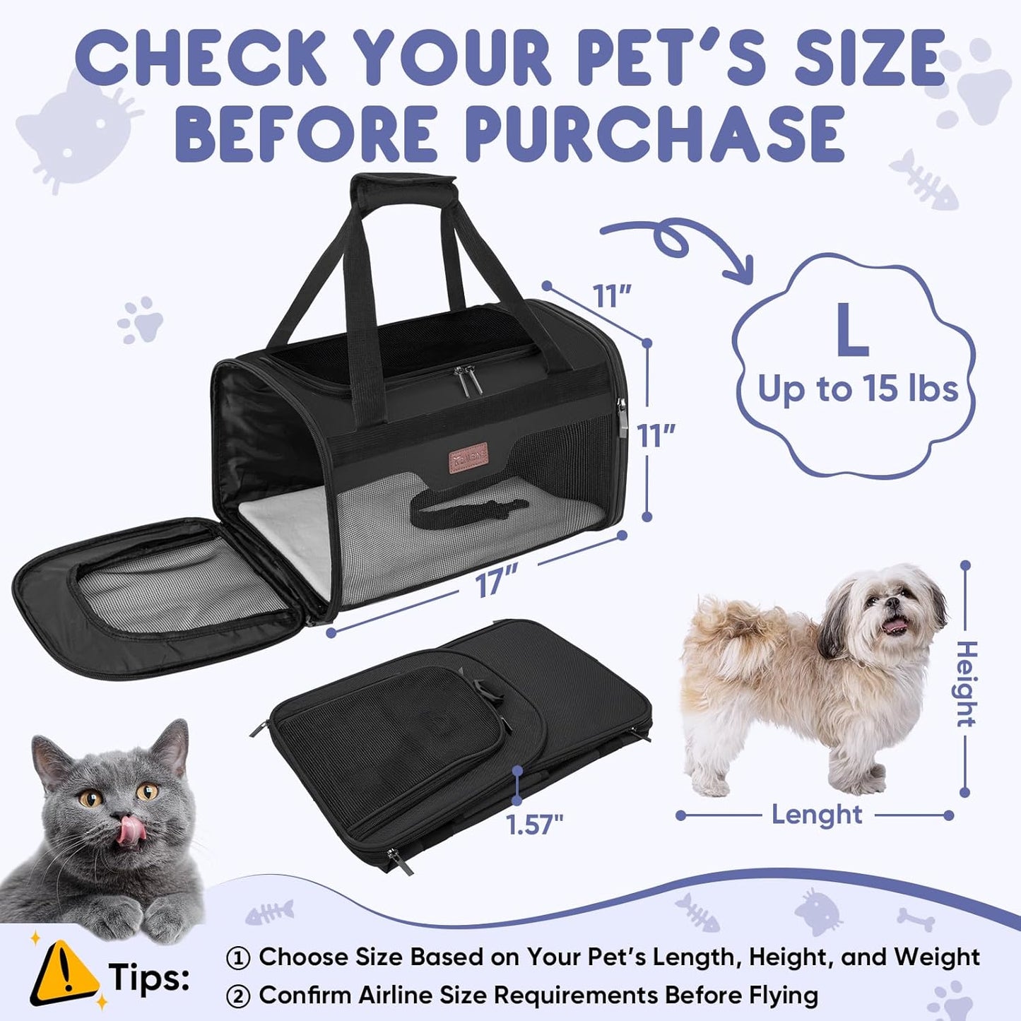 BALEINE Cat Carrier, Puppy Dog Carrier for Small Medium Pets Up to 15 Lbs, Soft-Sided Dog Travel Bag with Safety Zippers, Collapsible Pet Carrying Case (Black, L, 17"x11"x11")