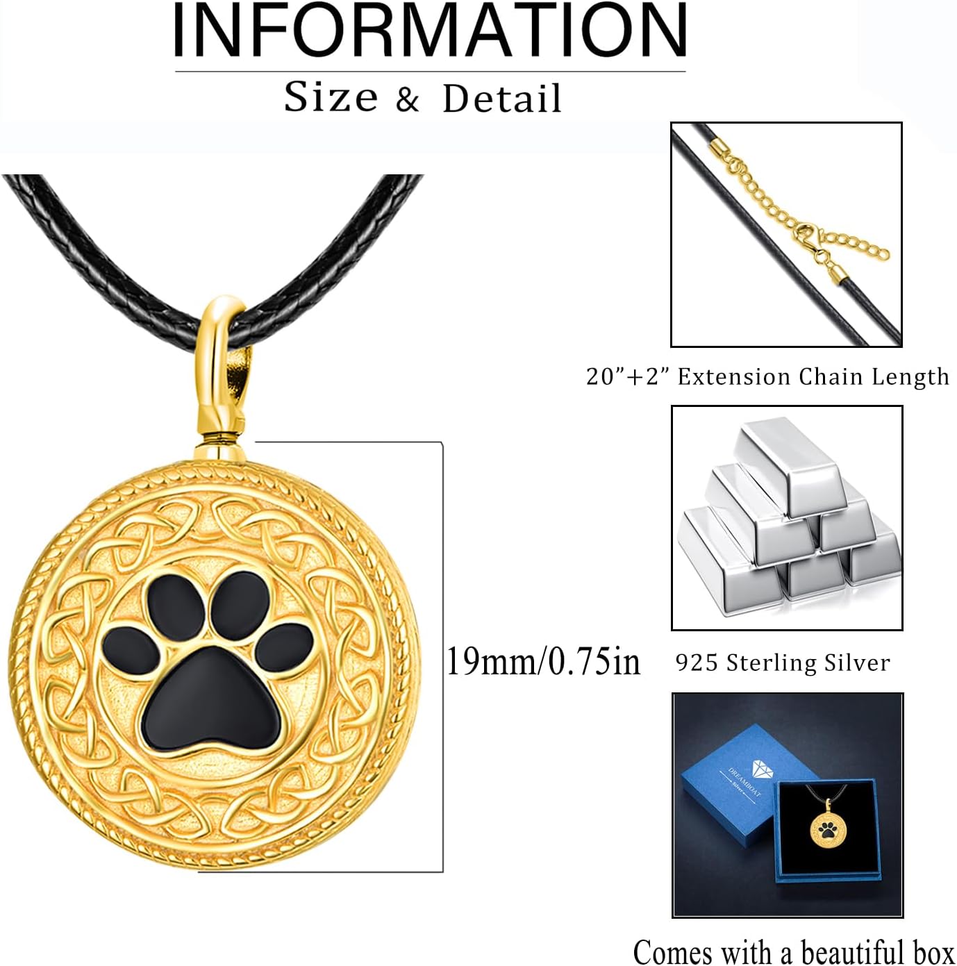 Dreamboat Pet Urn Necklace for Dog Cat Ashes 925 Sterling Silver Paw Print Cremation Keepsake Pendant Celtic Knot Memorial Jewelry Gifts for Women Men